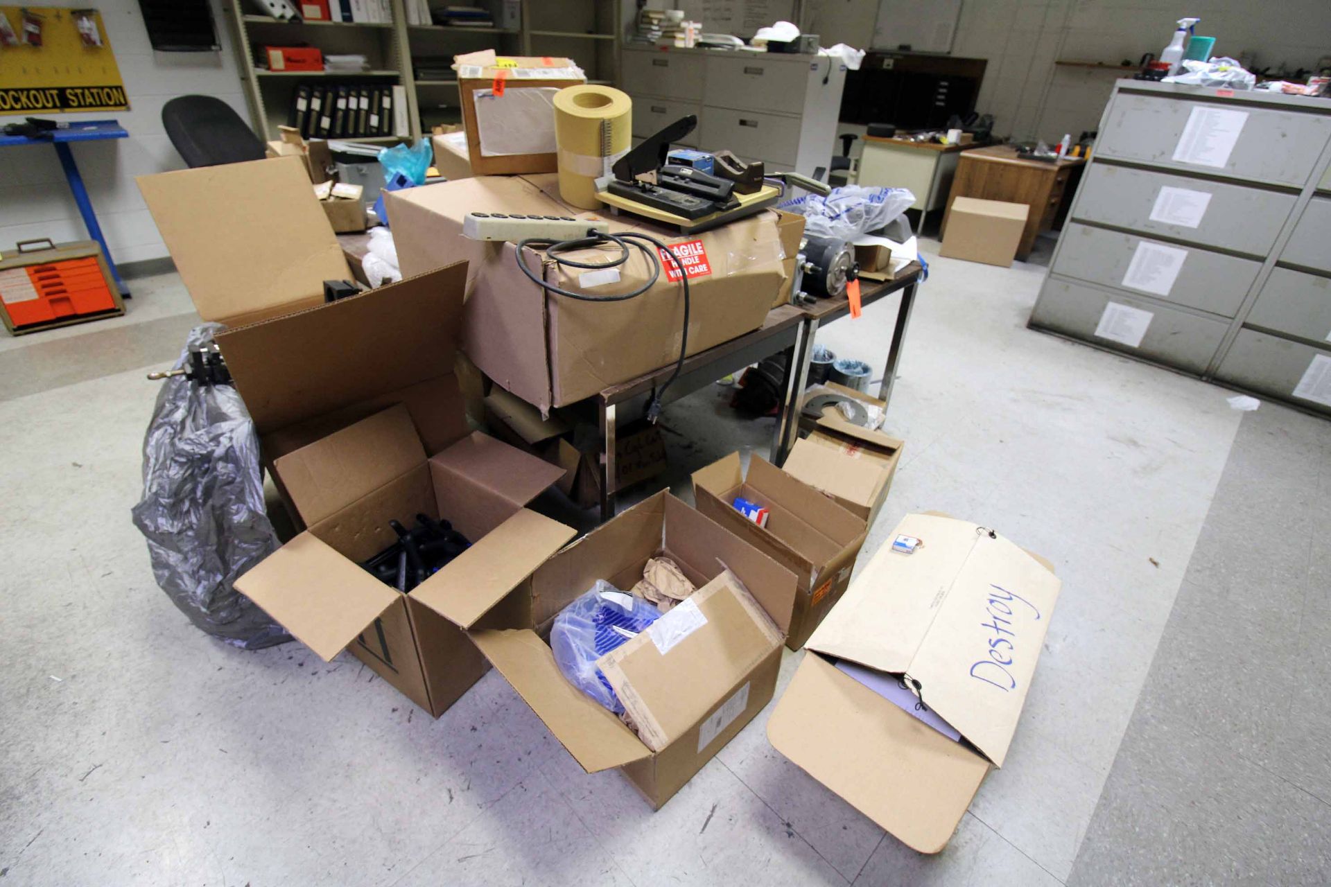 LOT CONTENTS OF MAINTENANCE OFFICE: MRO items, desks, printers, computers, (8) lateral file cabinets - Image 3 of 16