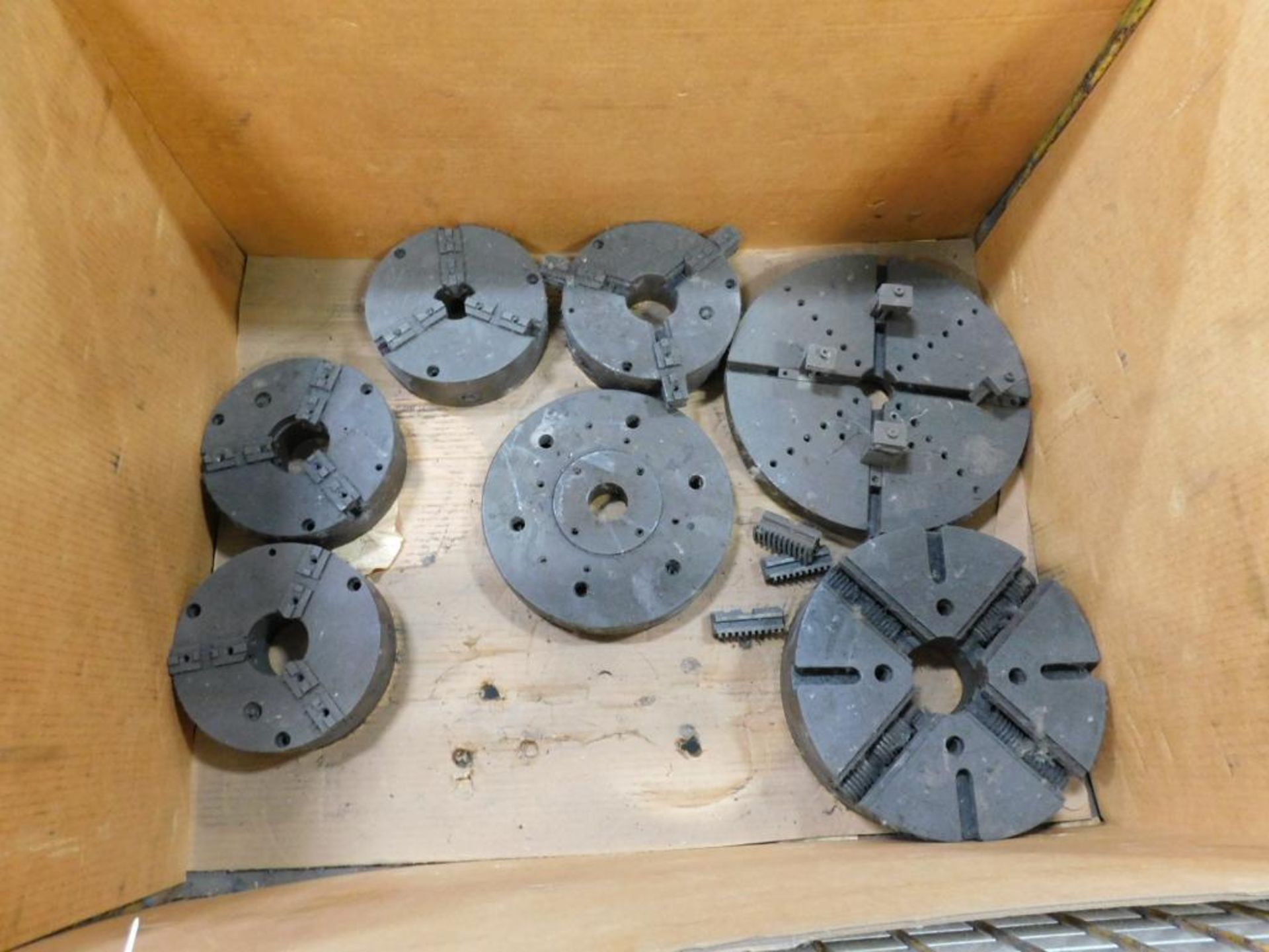 LOT: Crate Containing (4) 3-Jaw Chucks, 8", (1) 4-Jaw Chuck, 12", (1) 4-Jaw Chuck, 14"