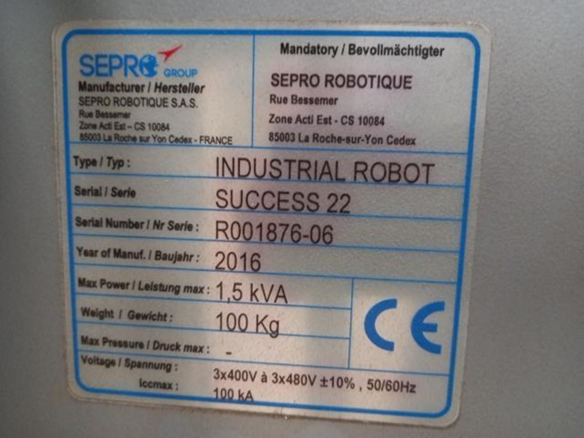 Sepro Success 22-310 10 Kg Full Servo Robot, Serial: R001876-06; Mfg. Year: 2016; Horizontal Stroke: - Image 11 of 12