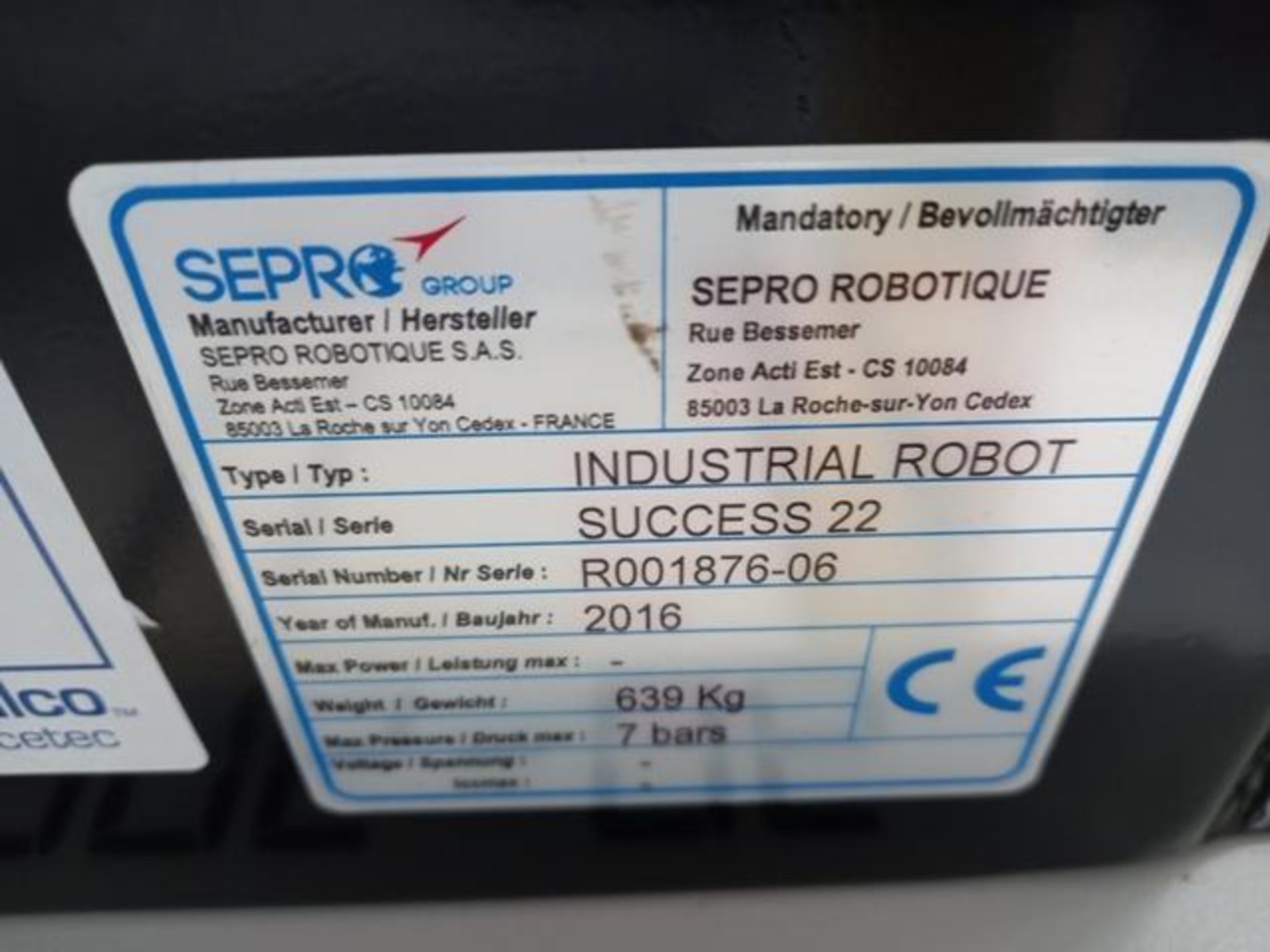 Sepro Success 22-310 10 Kg Full Servo Robot, Serial: R001876-06; Mfg. Year: 2016; Horizontal Stroke: - Image 12 of 12