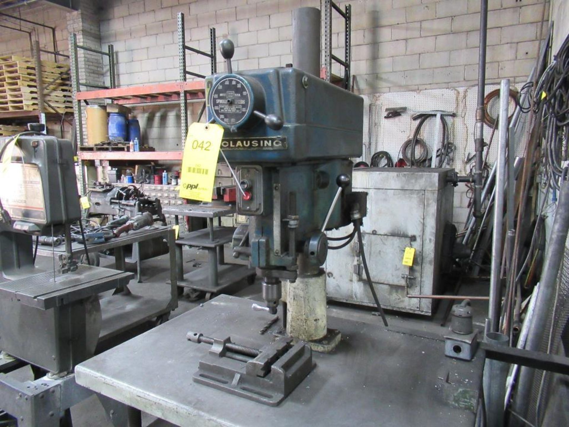 Clausing Model 1266 Drill Press on Rolling Hand Crank Lift Table w/Vise - Image 2 of 5