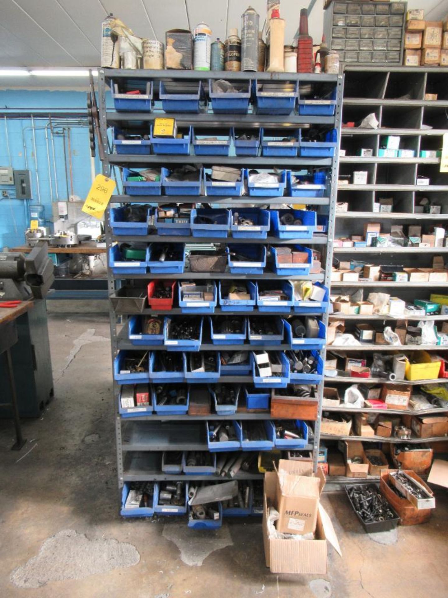 LOT: Shelving Unit w/Contents of Bearings, Machine Parts, Hand Tools, Stamp Kits, etc.