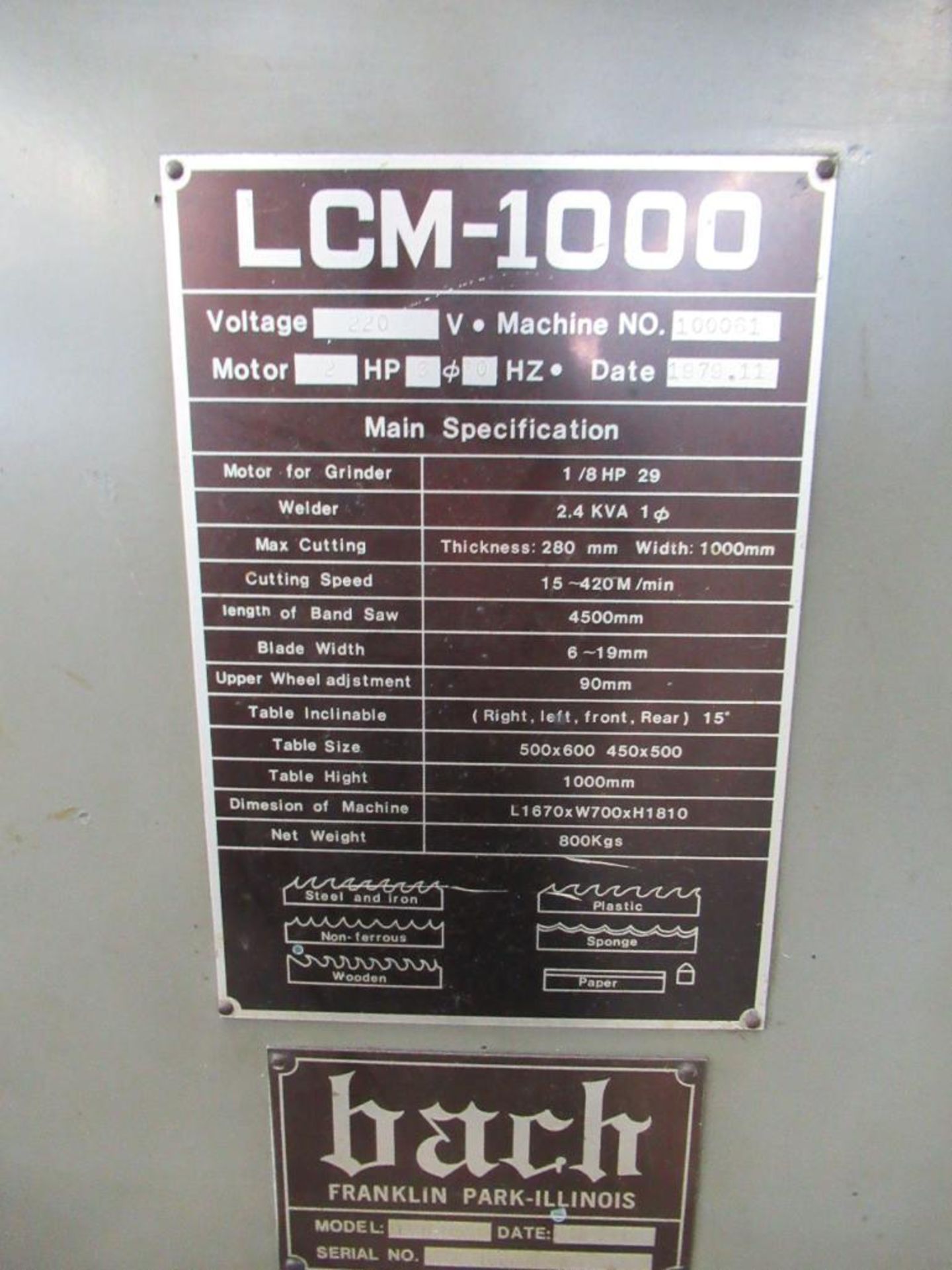 Leten 1000 Model LCM-1000 Vertical Band Saw w/40" Throat, Blade Welder & Fabricated 70" x 48" Custom - Image 7 of 7