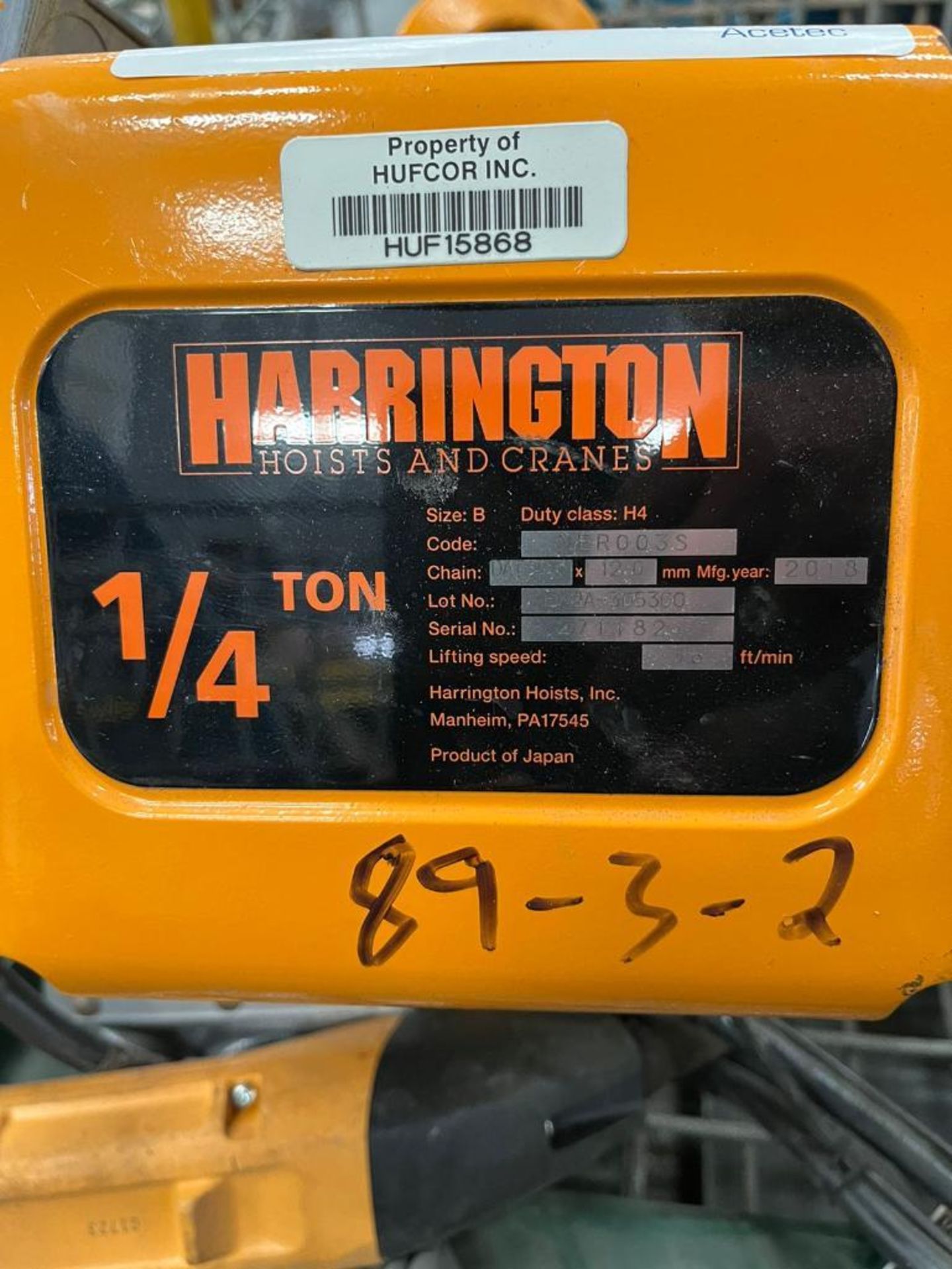 Harrington 1/2 Ton Electric Hoist and 1/4 Ton Electric Hoist (Tag: Huf15867) (Location: Cienega De - Image 6 of 6