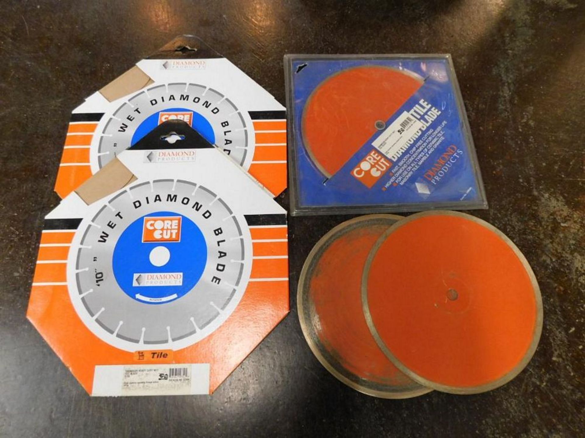 LOT: (2) New 10" Wet Diamond Blades, (1) Core Cut Tile Diamond Blade, (2) Used Tile Diamond