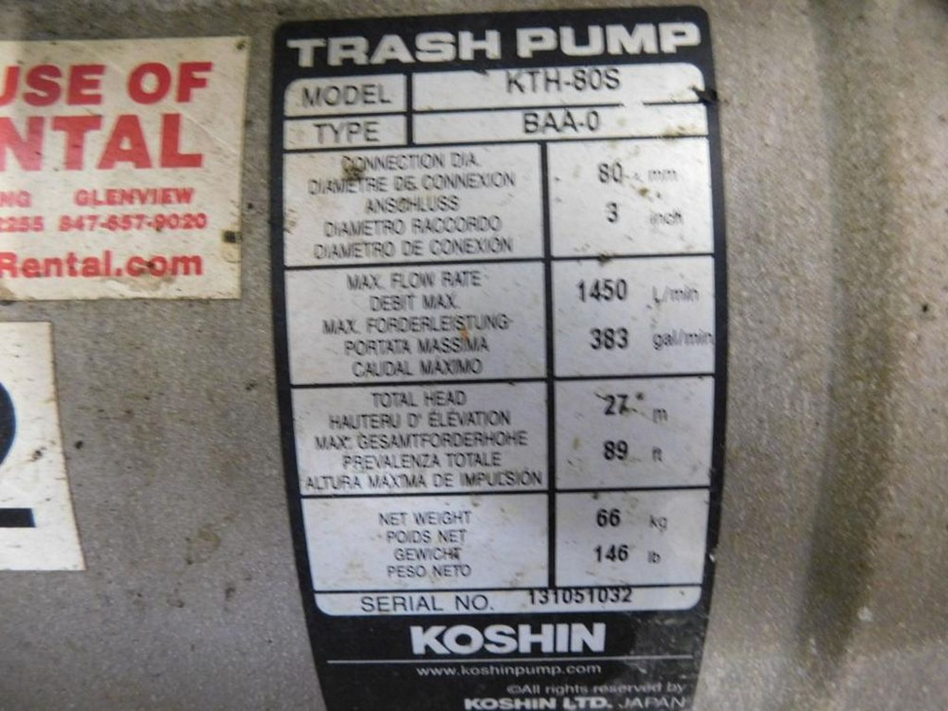 Koshin KTH-80S Gas 3" Trash Pump w/Honda GX270 Motor, 383 gpm (LOCATION: 318 N. Milwaukee Ave., - Image 4 of 4