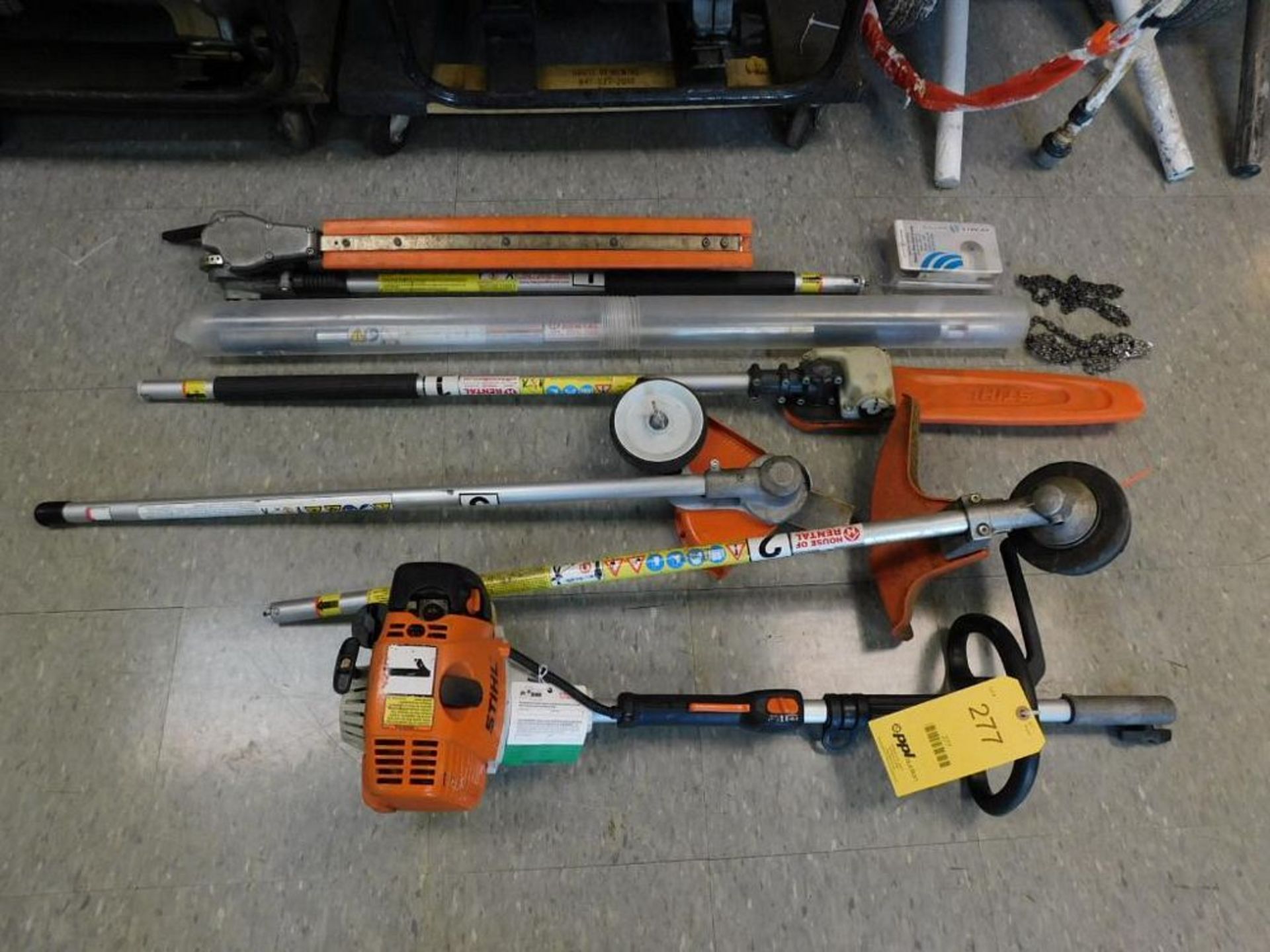 LOT: Stihl KM110R Gas Multi Tool w/Chain Saw, Edger Hedge Trimmer, Weed Whacker, Extension