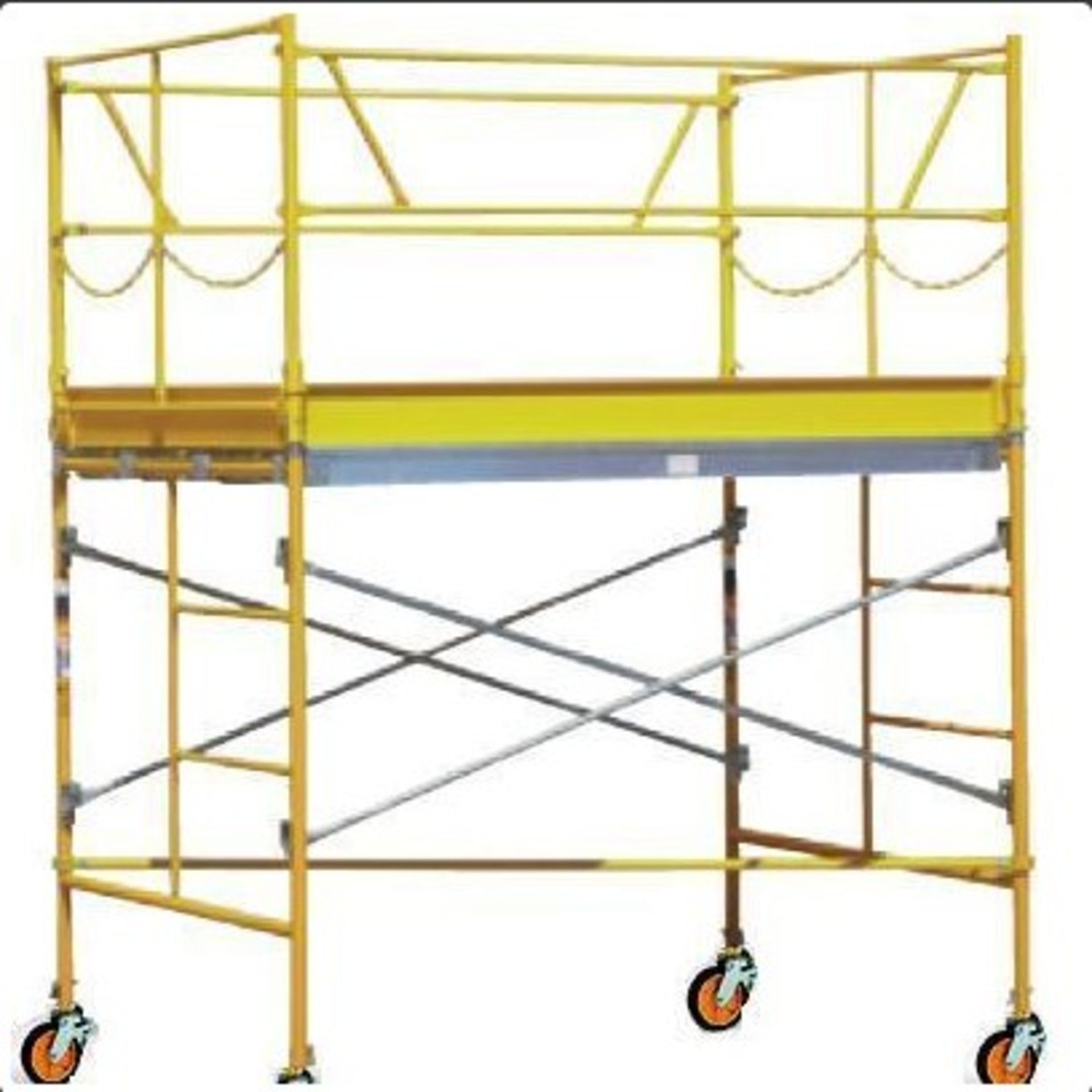 1 Section Inside/Outside Scaffold 5’ W x 7’ L, Platform Height 5’, Guard Rails, Cross Braces,