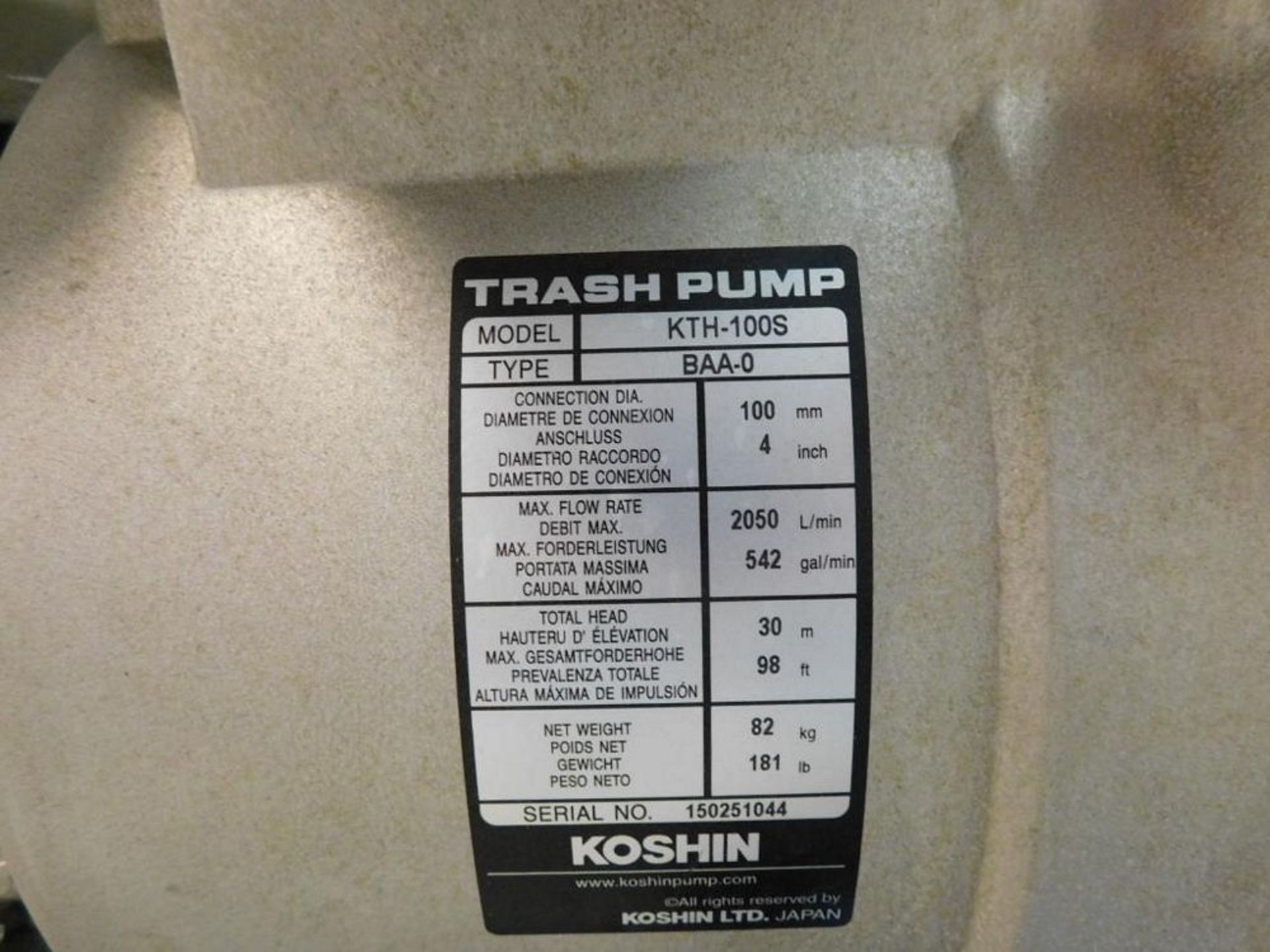 Koshin KTH-100S Gas 4" Trash Pump w/Honda GX390 Motor, 542 gpm (LOCATION: 318 N. Milwaukee Ave., - Image 6 of 6