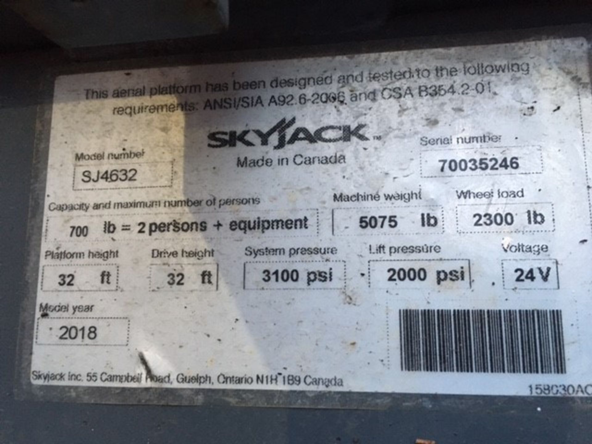 2018 Sky Jack SJ 4632 Scissor Lift 32' Lift, 700 lb. cap. (2 person + equipment), 87 Indicated - Image 4 of 4