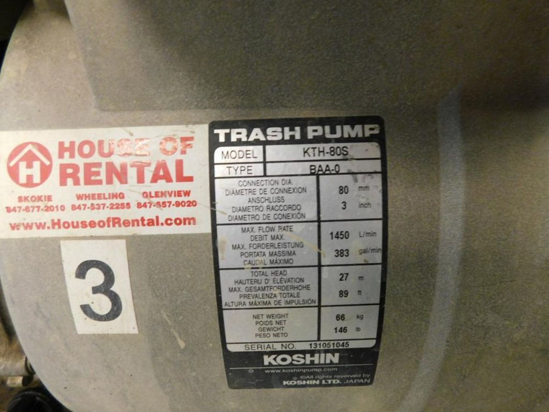 Koshin KTH-80S Gas 3" Trash Pump w/Honda GX270 Motor, 383 gpm (LOCATION: 318 N. Milwaukee Ave., - Image 4 of 4