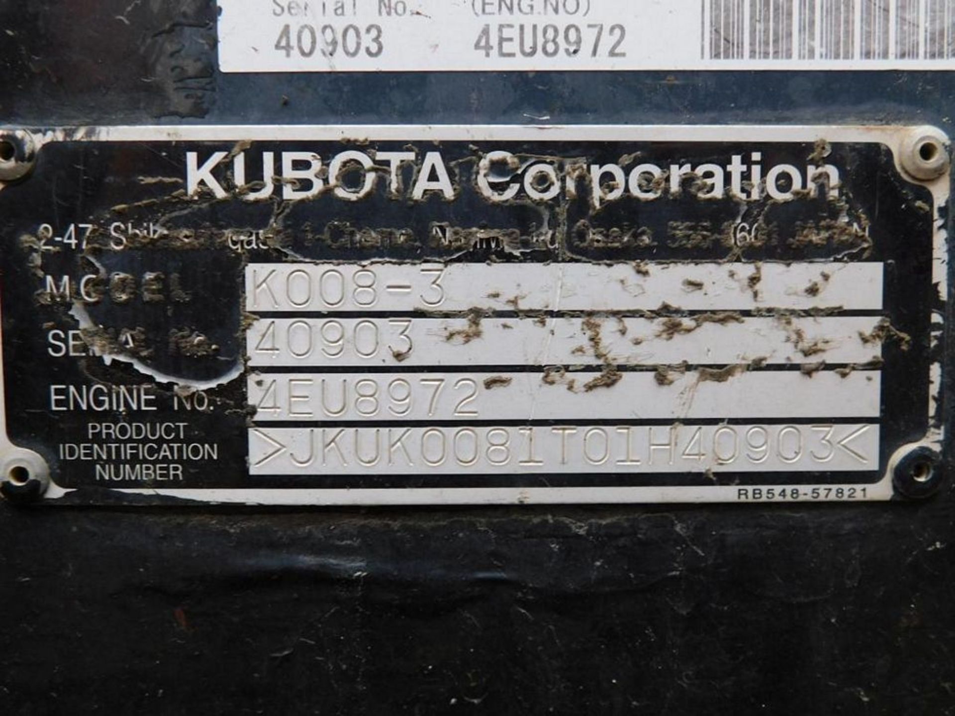 Kubota K008-3 Compact Excavator, VIN JKUK0081T01H40903, S/N 40903, 704 Hours Indicated (LOCATION: - Image 8 of 8