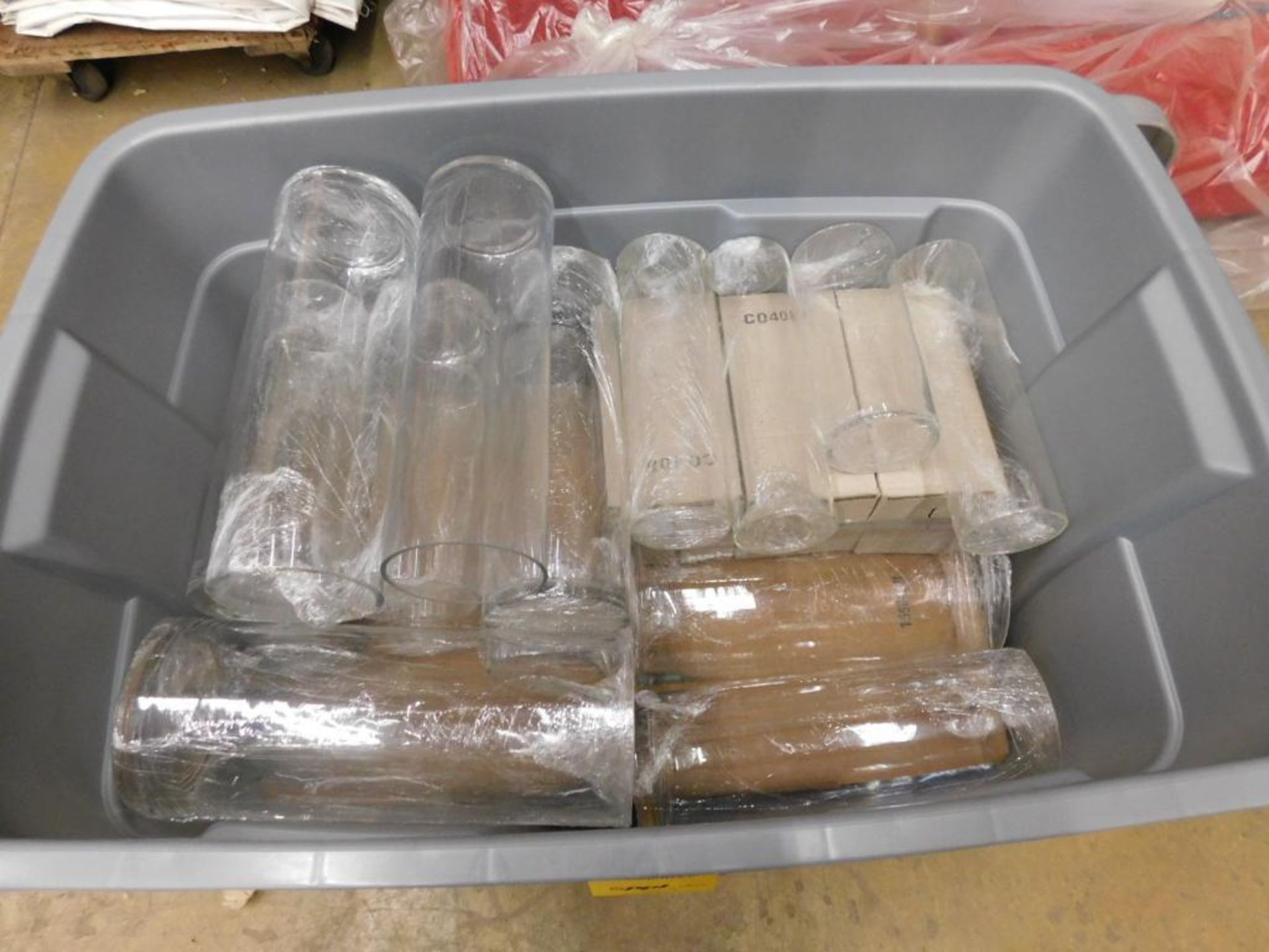 LOT: Assorted 4" x 8", 4" x 10", 4" x 12" Glass Cylinder Vases in Tub (LOCATION: 1766 Waukegan