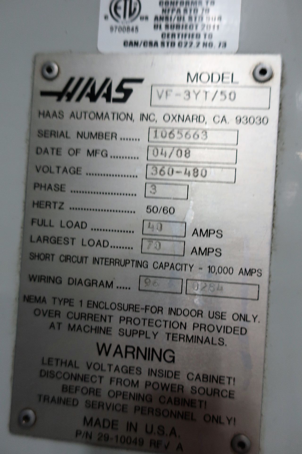 2008 HAAS MODEL VF-3YT/50 CNC VERTICAL MACHINING CENTER, SN 1065663 - Image 11 of 11
