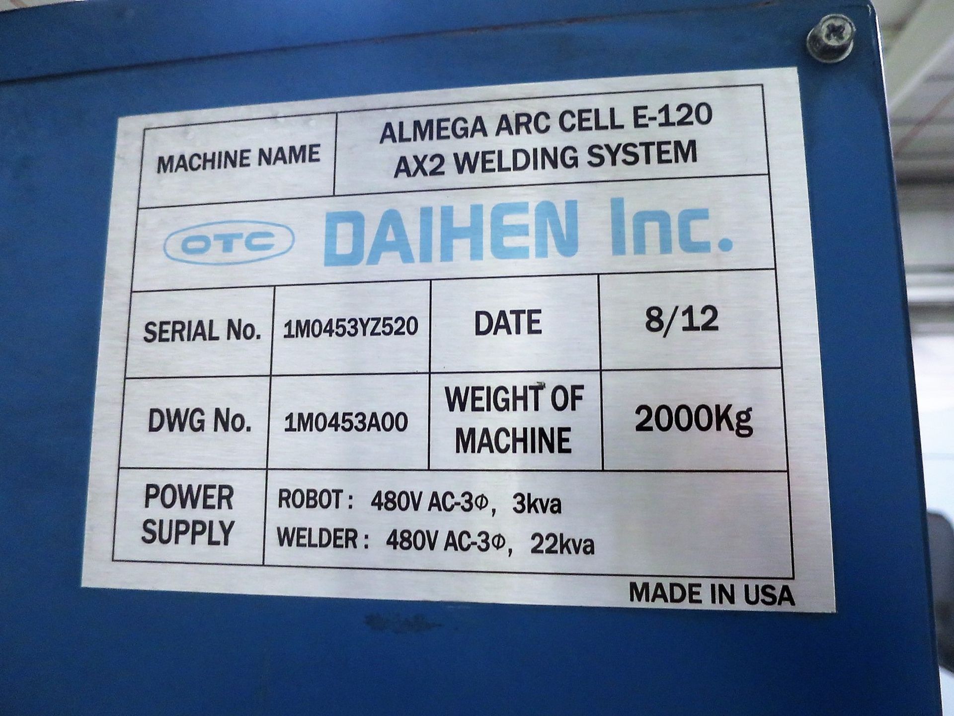 OTC DAIHEN ALMEGA ARC 3-120 ROBOTIC WELDING CELL, S/N 1M0453YZ520, NEW 2012 - Image 8 of 9