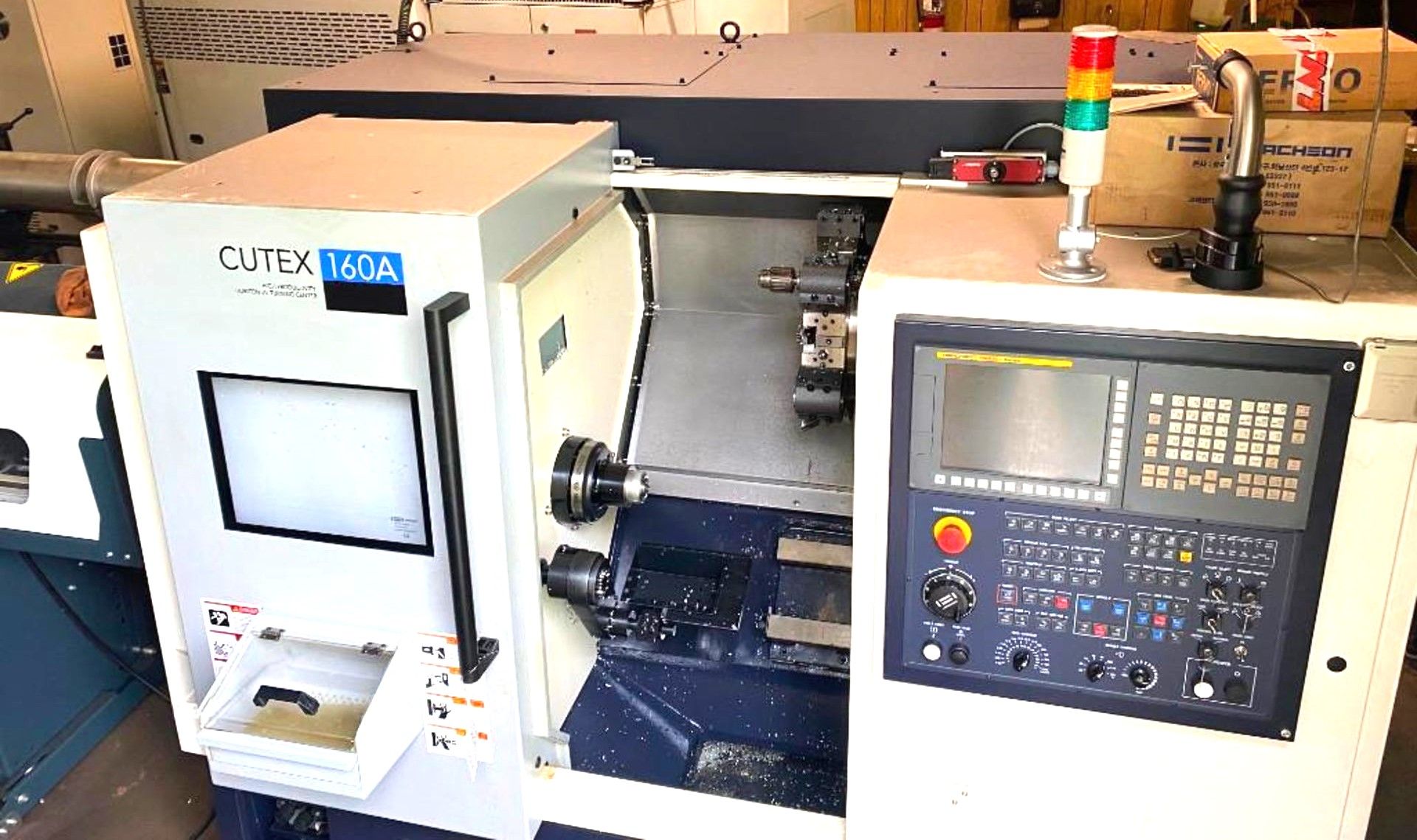 2015 HWACHEON CUTEX-160A CNC TURNING CENTER LATHE W/BAR FEEDER, S/N M024362L4F E - Image 2 of 11