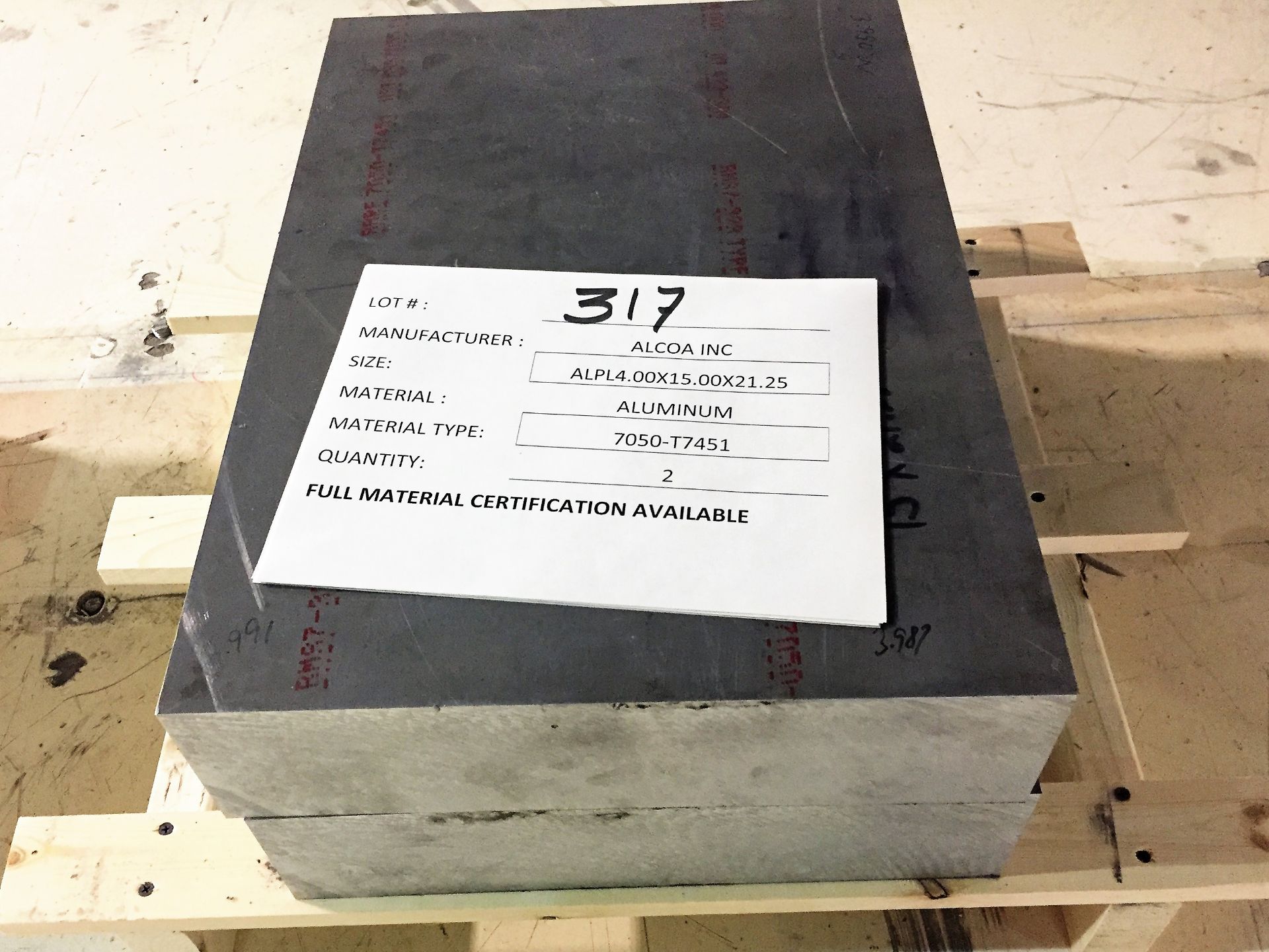 (2) Alcoa Certified Aluminum Plates, (2) 21.25" x 15" x 4", Type 7050-T7451