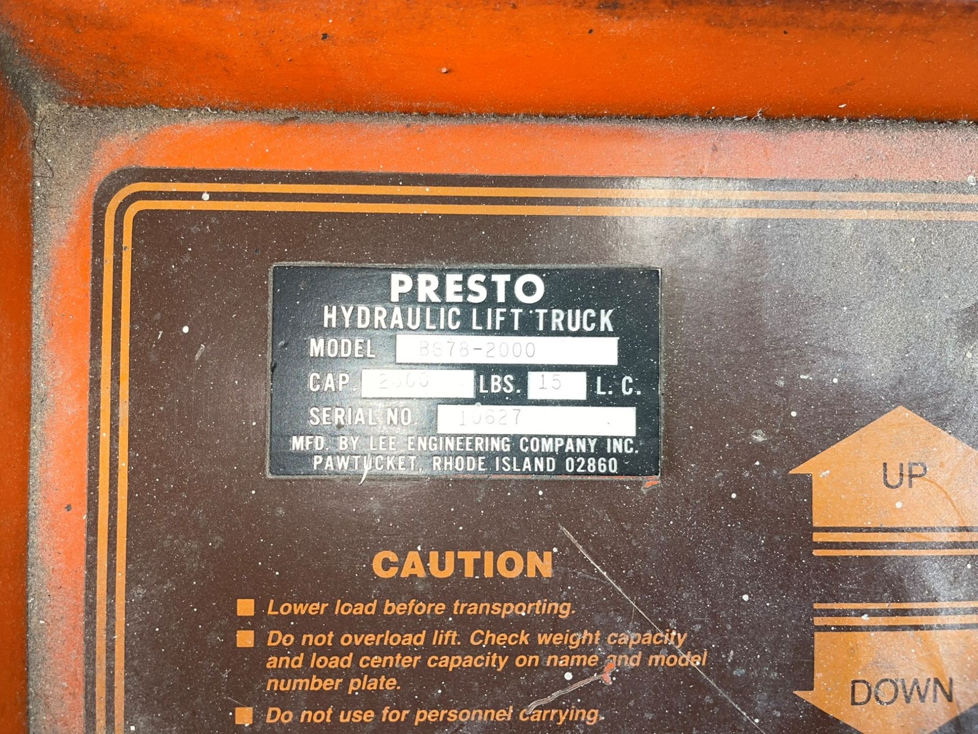 2000 LB. Presto Electric Pallet Lift, Model B678-2000, 76" Lift, S/N 10627 - Image 3 of 6