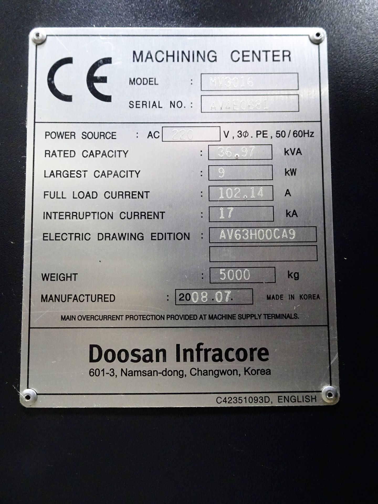 Doosan MV-3016 Vertical Machining Center, New 2008 - Image 9 of 11