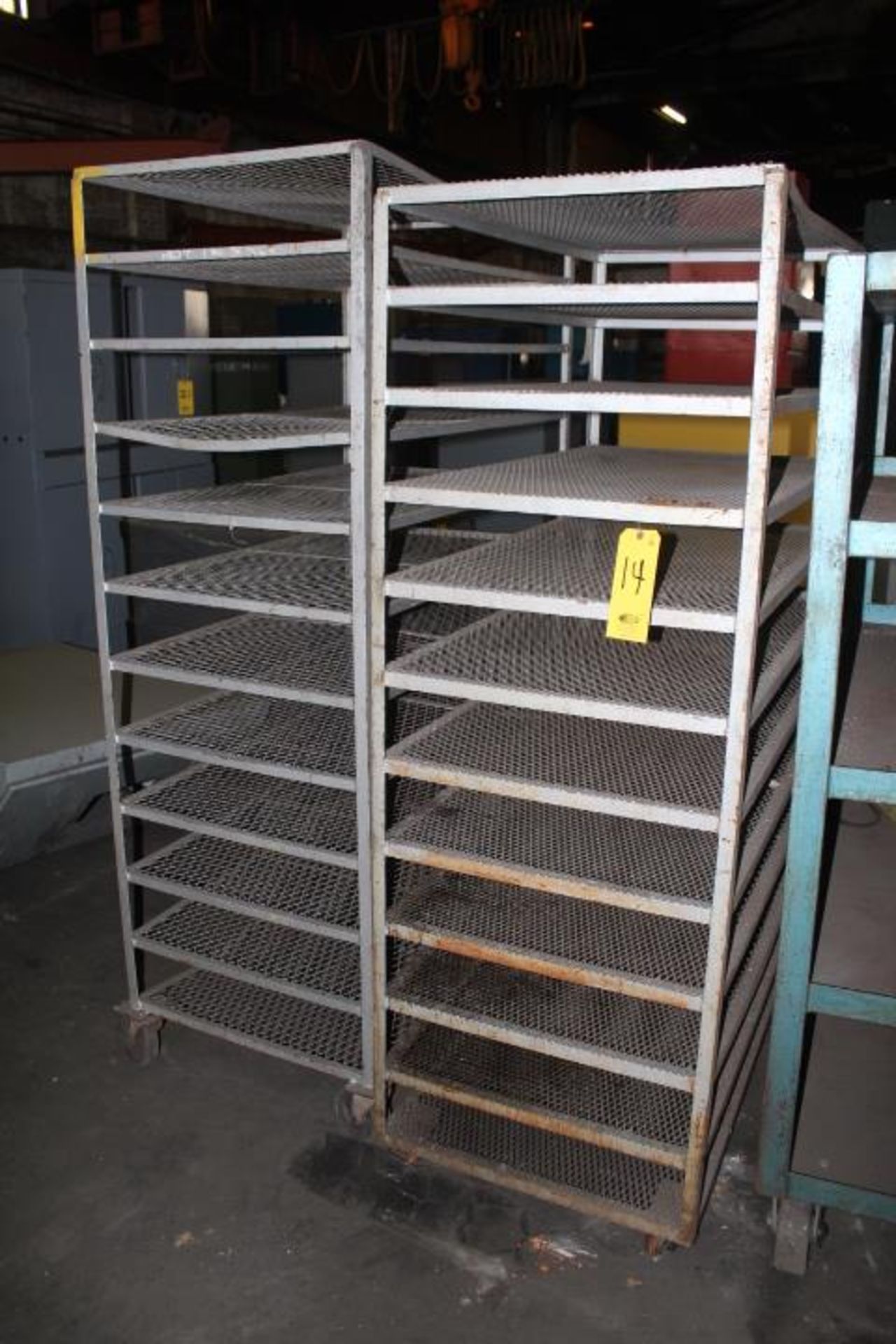 (2) STEEL MOBILE MESH SHELF CARTS