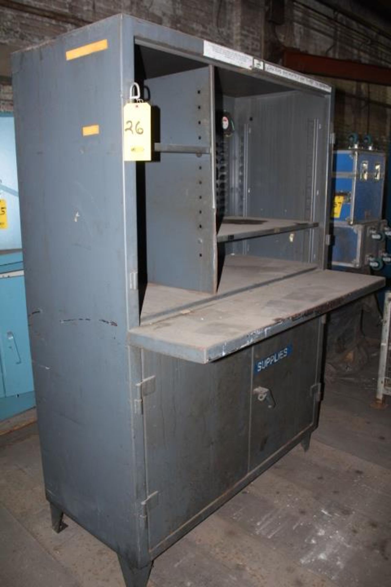 LARGE STORAGE CABINET WITH OPEN SHELVES, SUPPLY UNDERSTORAGE AND WORK SHELF