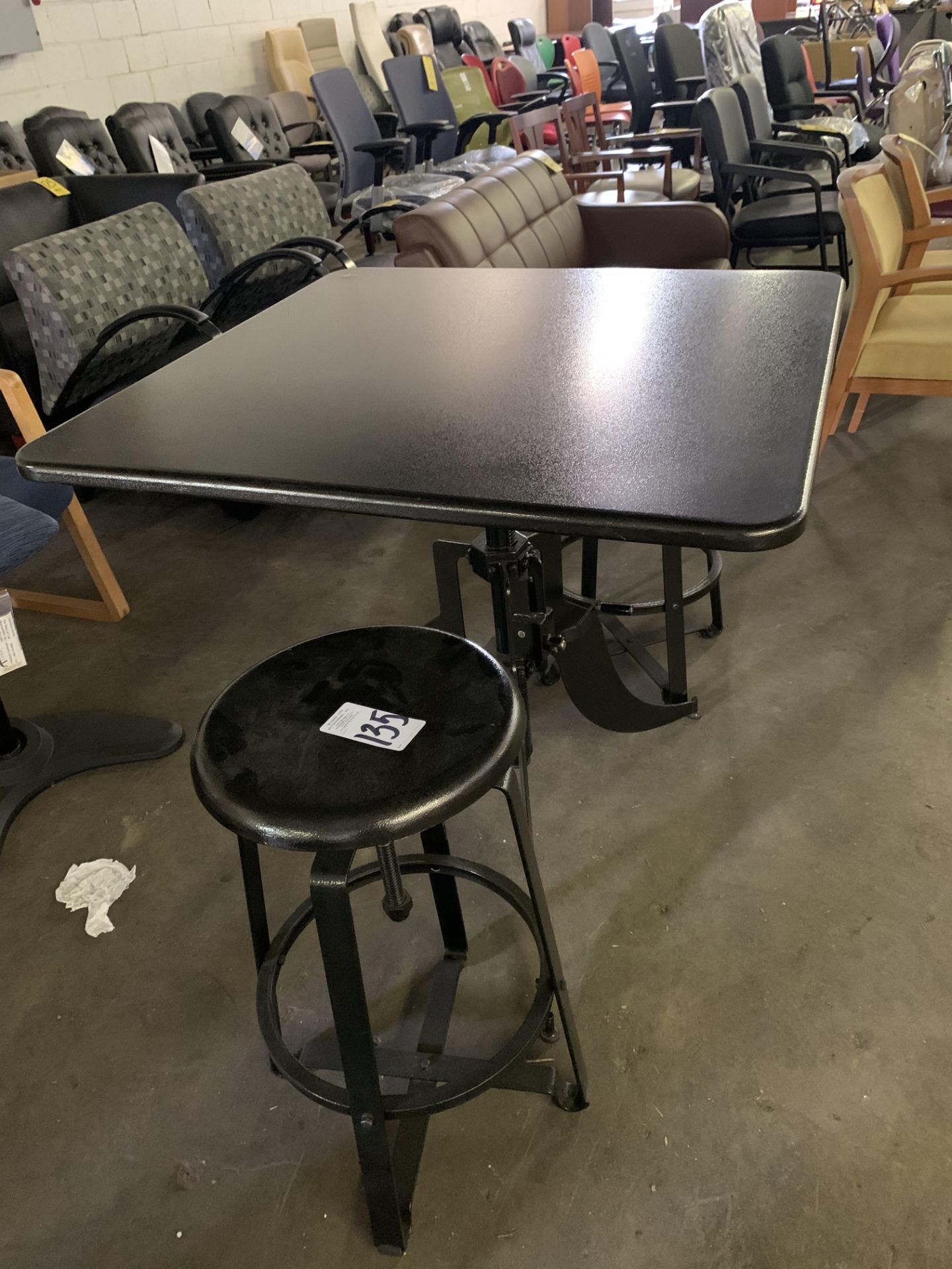 3-LEGGED CRANK IRON TABLE BASE WITH 36 IN. X 36 IN. TABLE AND (2) MATCHING STOOLS