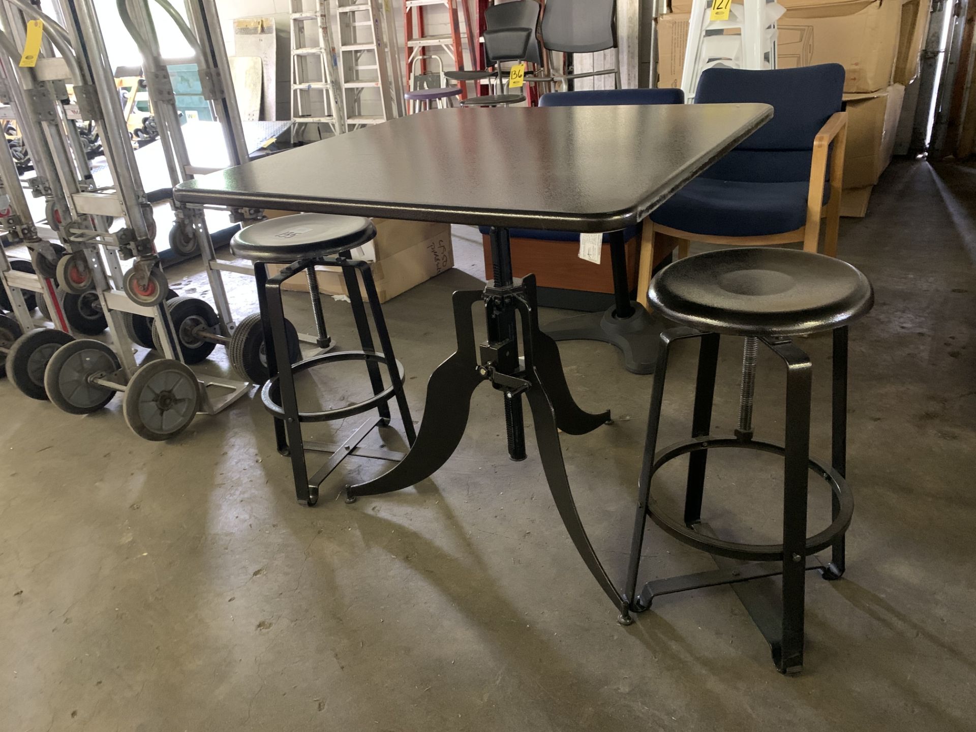 3-LEGGED CRANK IRON TABLE BASE WITH 36 IN. X 36 IN. TABLE AND (2) MATCHING STOOLS - Image 2 of 2