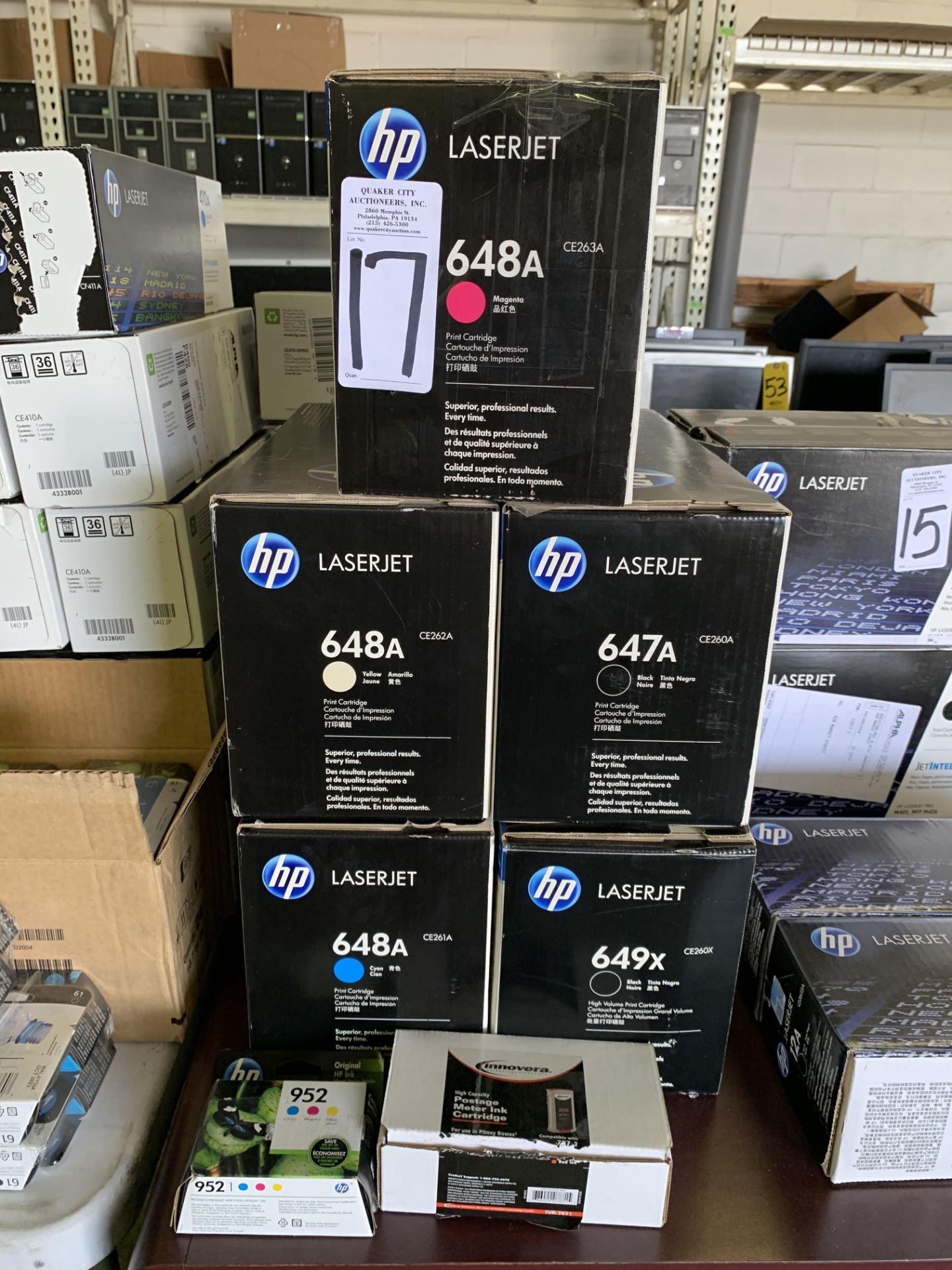 (5) HP LASERJET 648A IN ASSORTED COLORS PRINT CARTRIDGES (DOESN'T INCLUDE TWO SMALL BOXES IN FRONT..