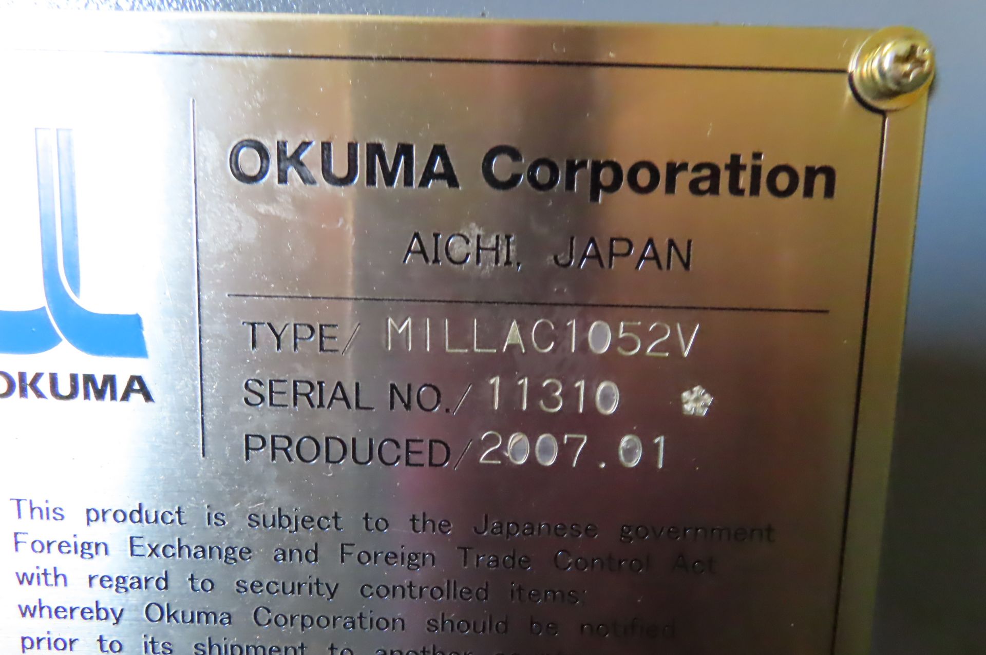 2007 OKUMA MILLAC-1052V CNC VERTICAL MACHINING CENTER, S/N 11310, FANUC 16i-MB.. - Image 11 of 12