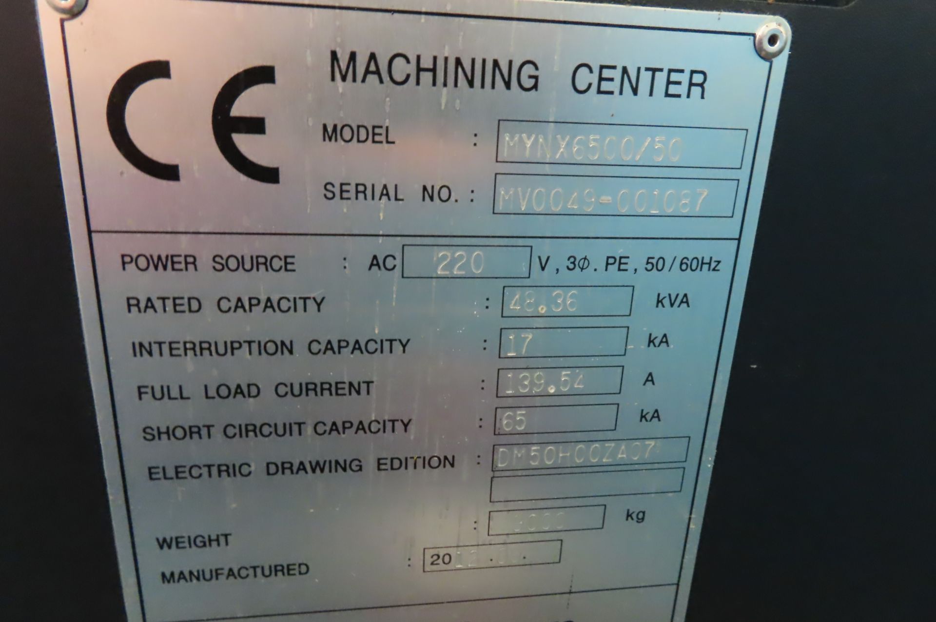 2012 DOOSAN MYNX6500/50 CNC VERTICAL MCHINING CENTER, S/N MVOO49-001087... - Image 7 of 7