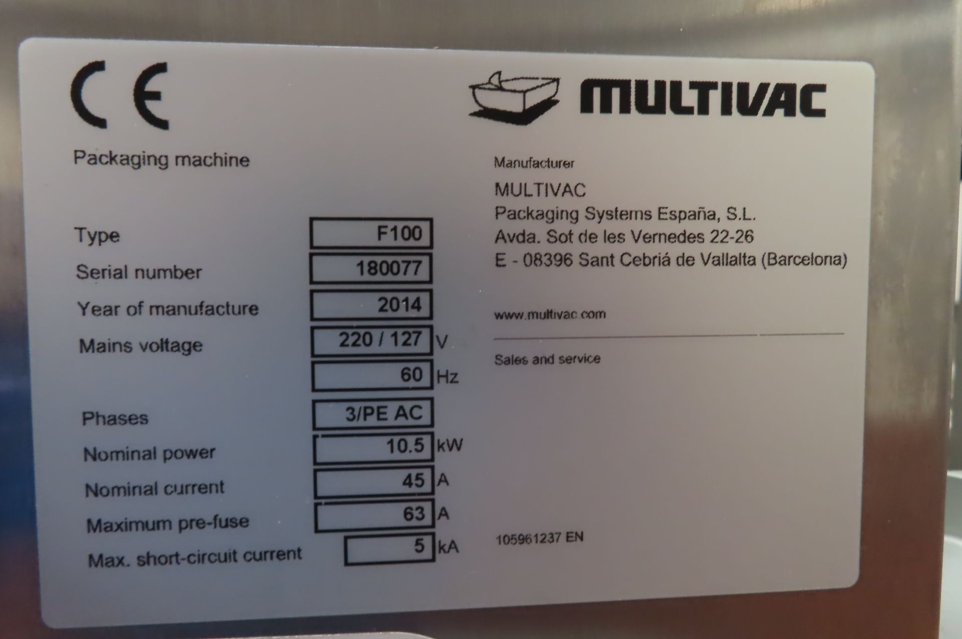 2014 MULTIVAC F100 FORM, FILL AND SEAL MACHINE, S/N 190077- TRAY FEED LOADER NEEDS REPAIR - Image 8 of 8