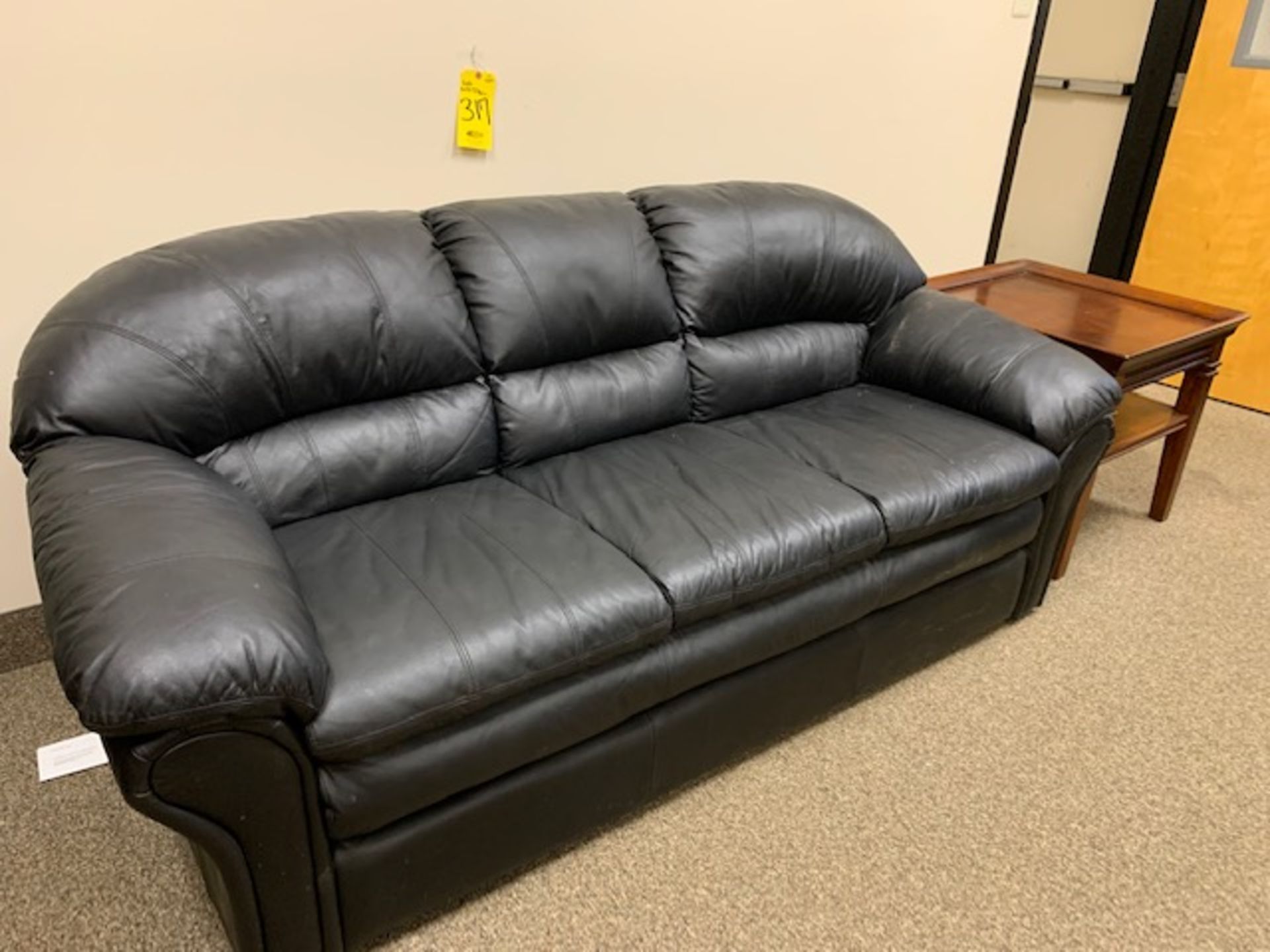 78 INCH BLACK TUFTED LEATHER LIKE SOFA AND END TABLE