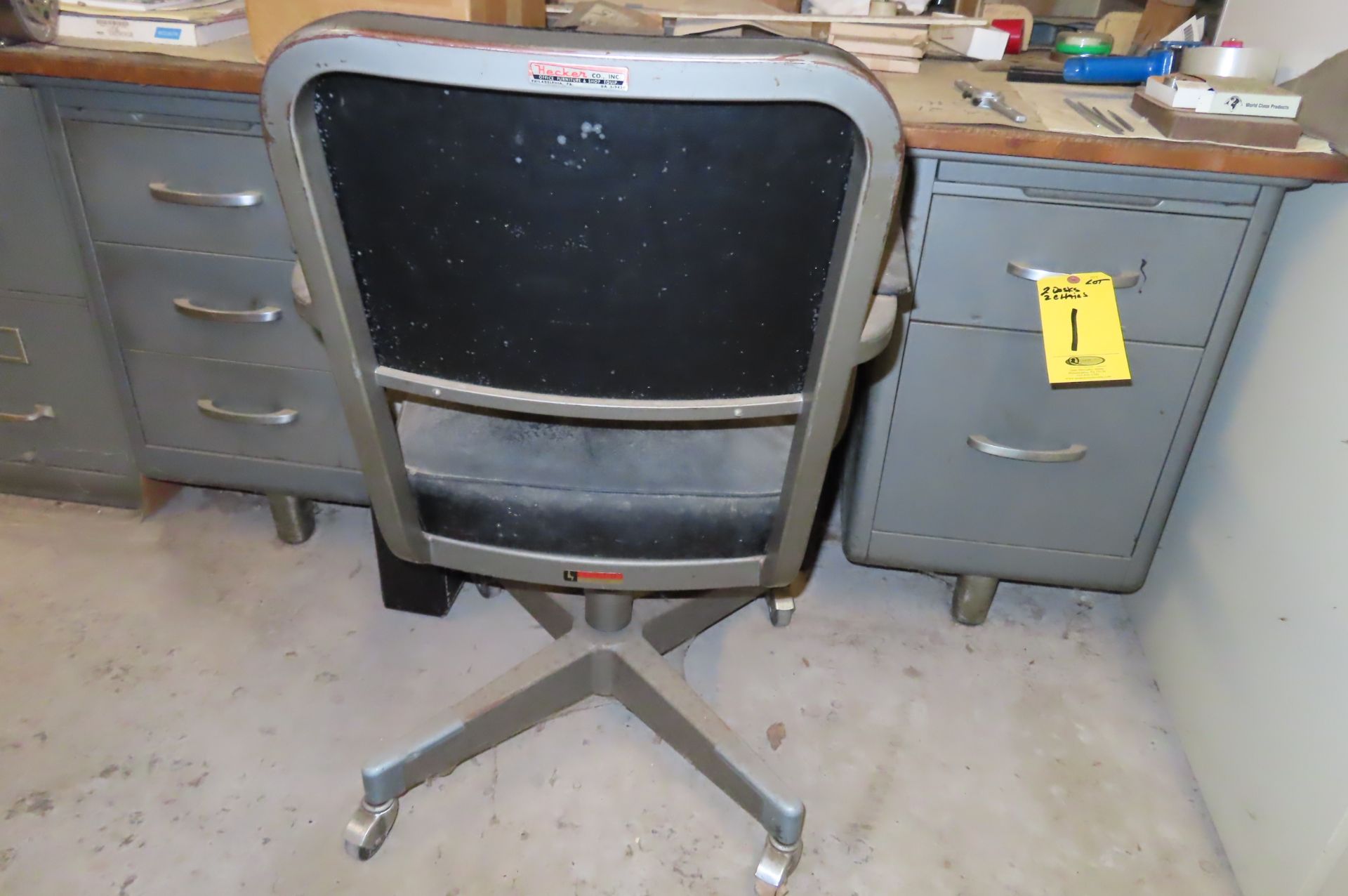 (2) 30 IN. X 60 IN. OLD GRAY METAL DESK WITH CHAIRS