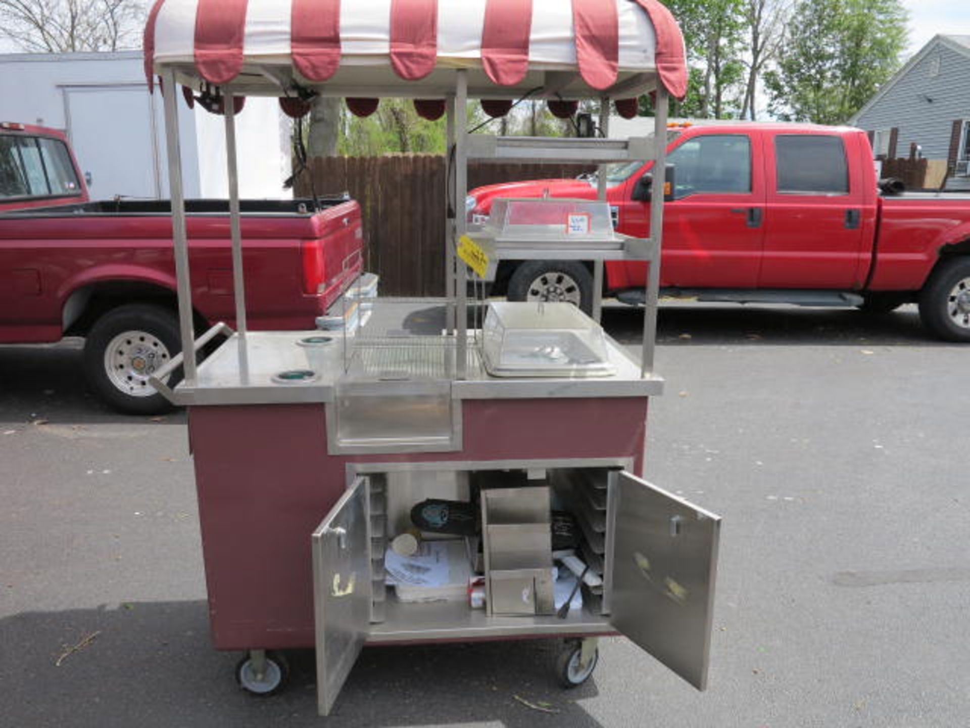 Coffee Cater Concession Cart with Side Cash Register, LED Lights, Shelving, Canopy, Paper Cup