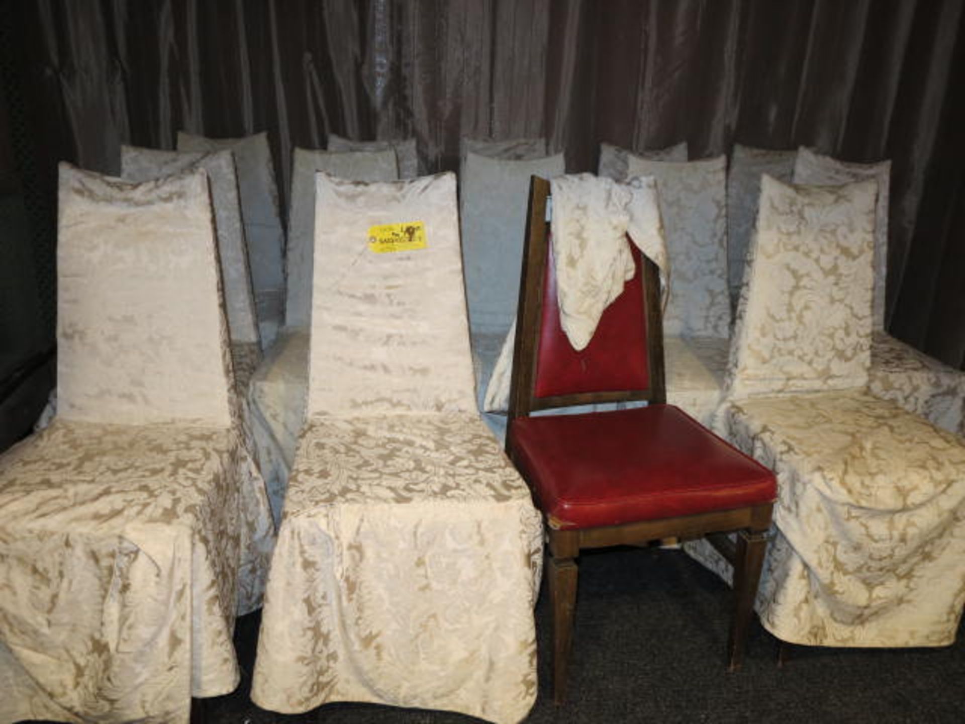 Lot (14) 19'' x 19'' x 40''H Wood/ Imitation Leather Chairs with Slipcovers