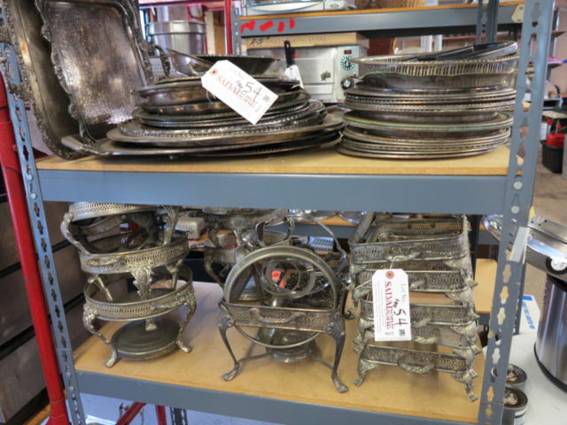 Lot Silver Plate Serving Dishes and Gallery Wire Serving Stands