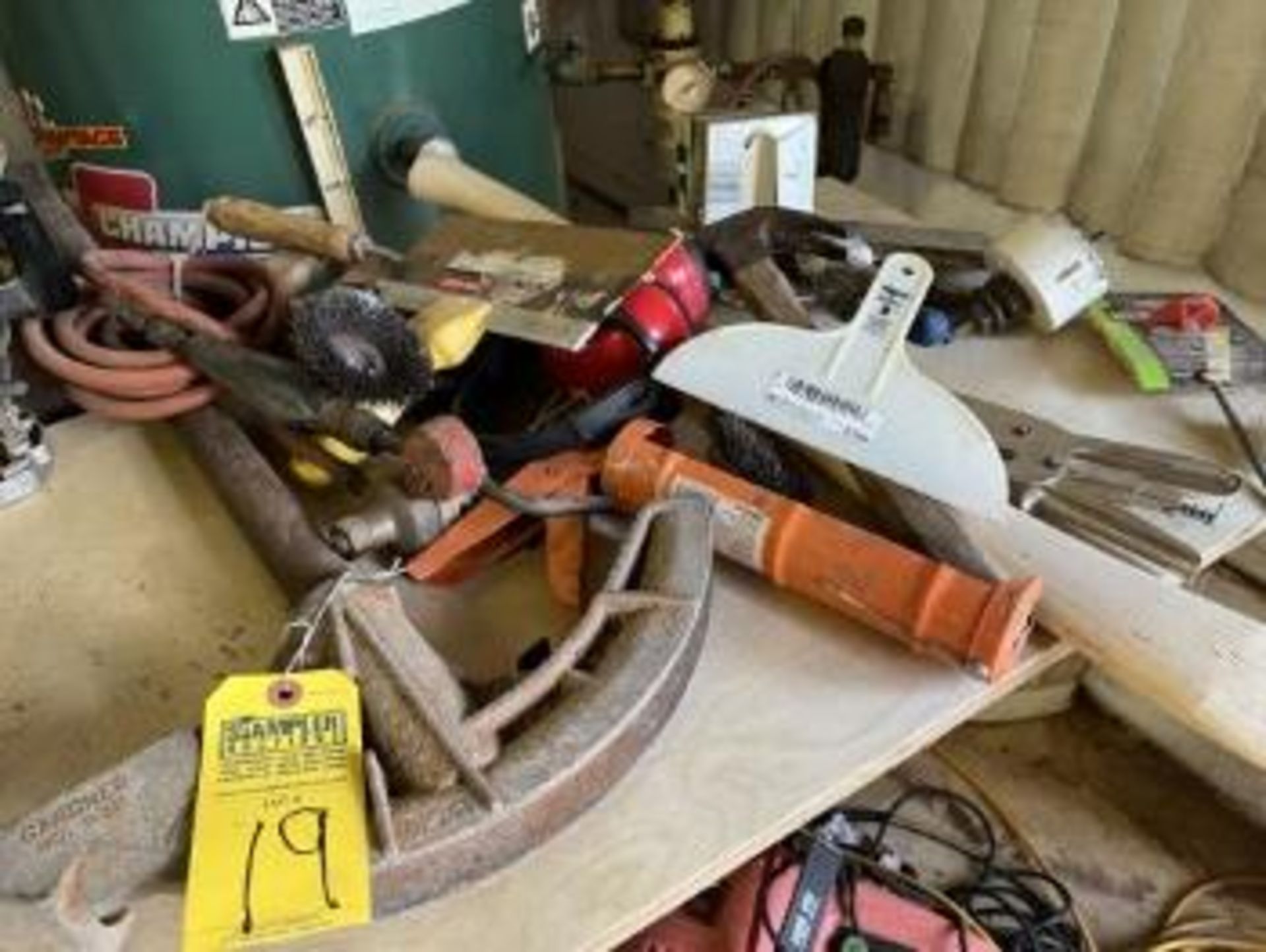 LOT ASSORTED TOOLS - 1'' PIPE BENDER, HAMMER, STAPLER, SAW, ETC