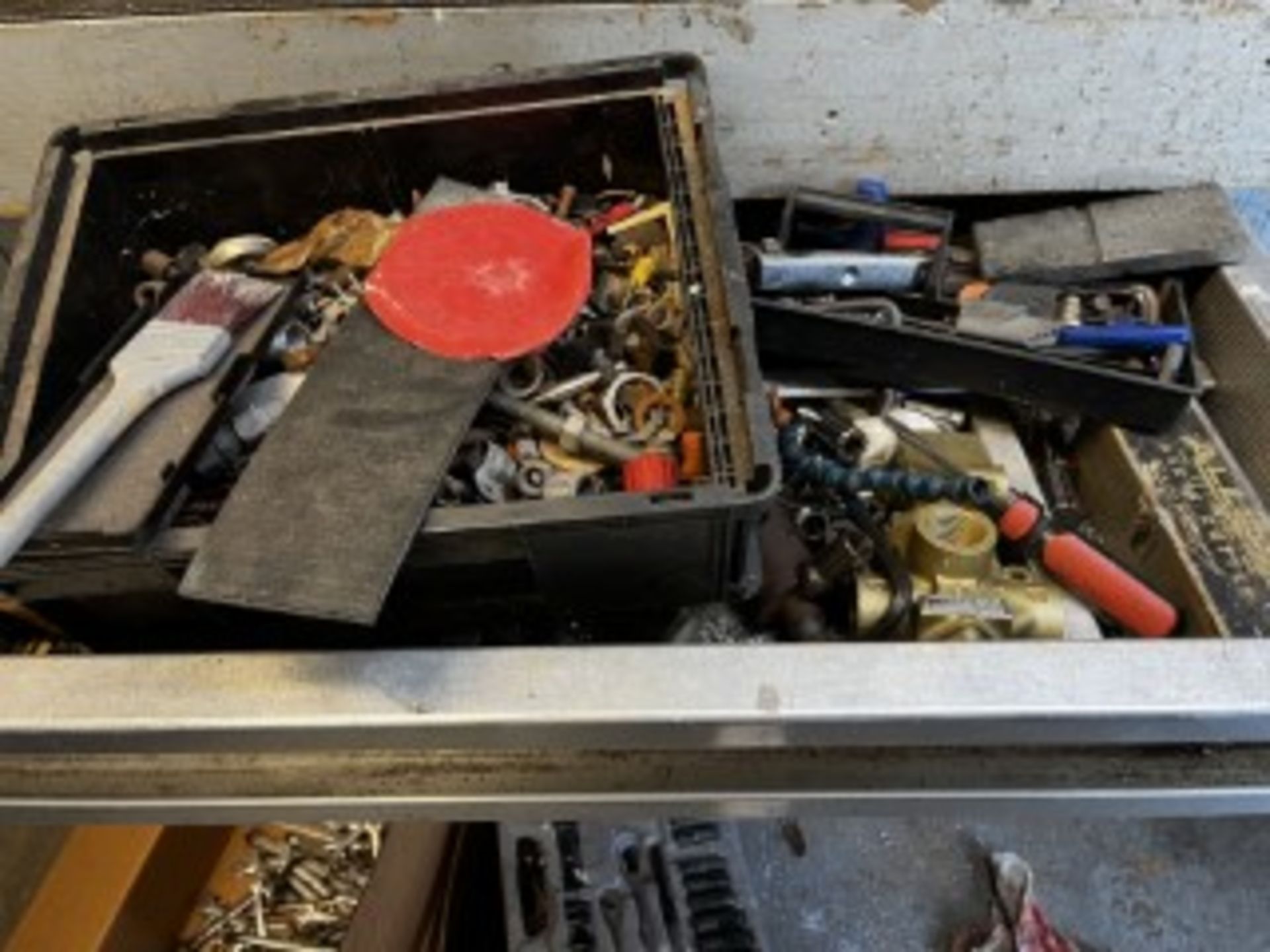 LOT ASSORTED HAND TOOLS, ELECTRIC SUPPLIES, HARDWARE, ETC(CONTENTS OF TABLE & DRAWERS) - Image 3 of 3