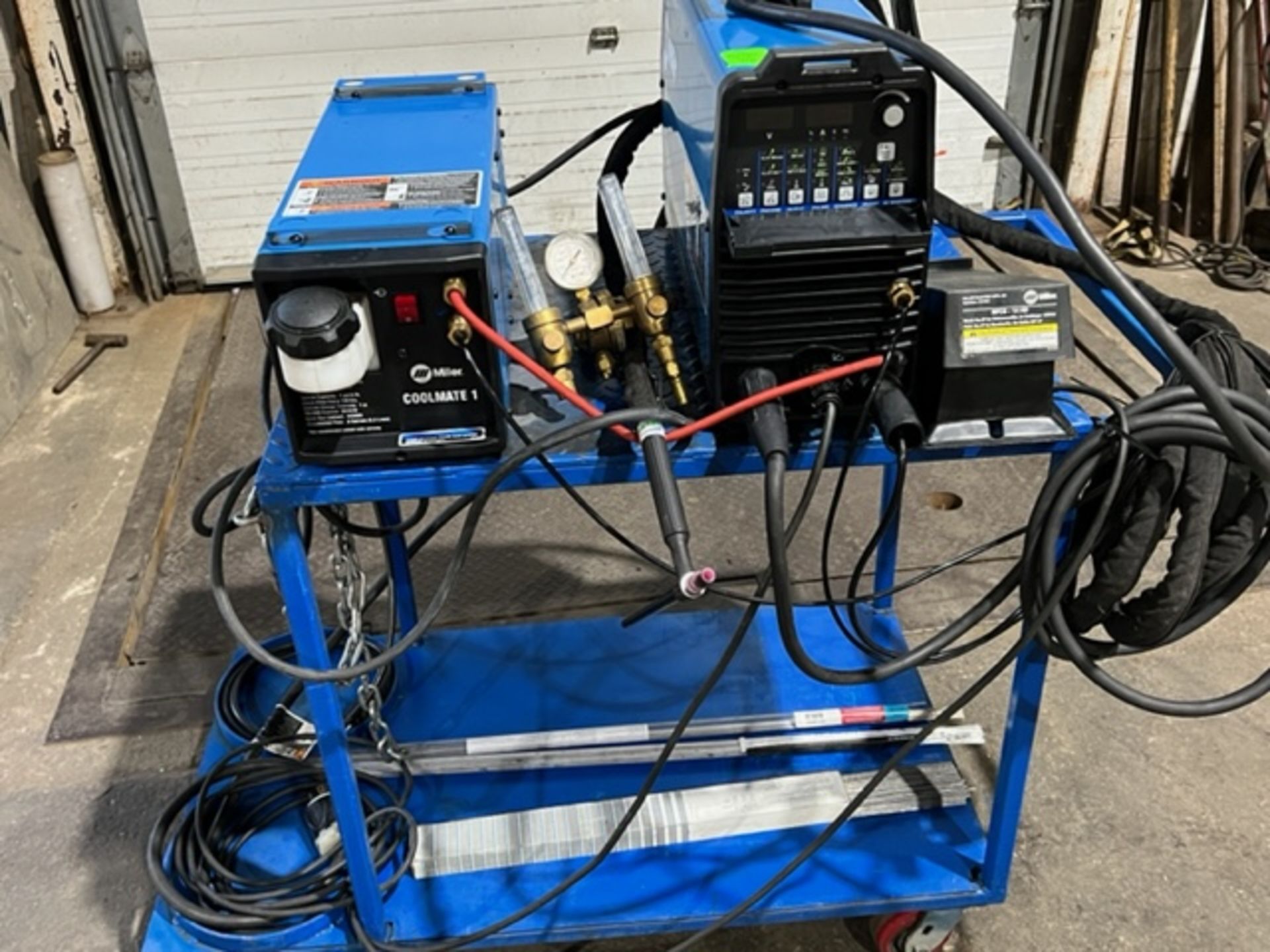 Miller Dynasty 200 Welder COMPLETE with Gun, Pedal, Gauges, Coolmate Cooler, cables and more on CART