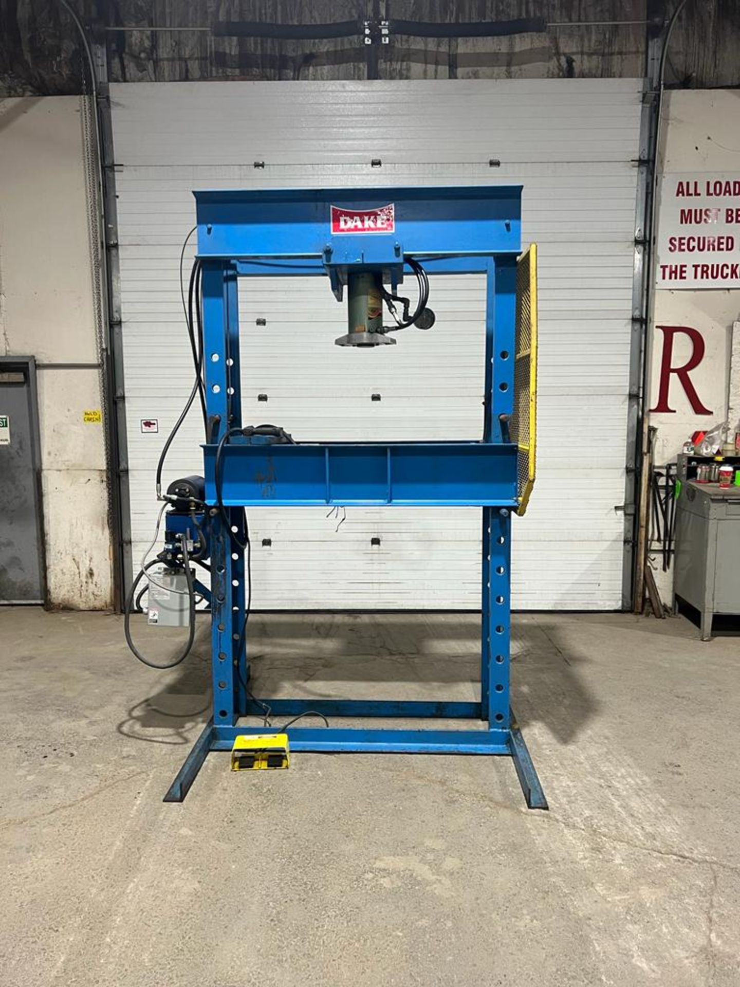 Dake 100 Ton H-Frame Press with Adjustable Ram and Blue Giant Powerpack Pump Unit and Foot Control