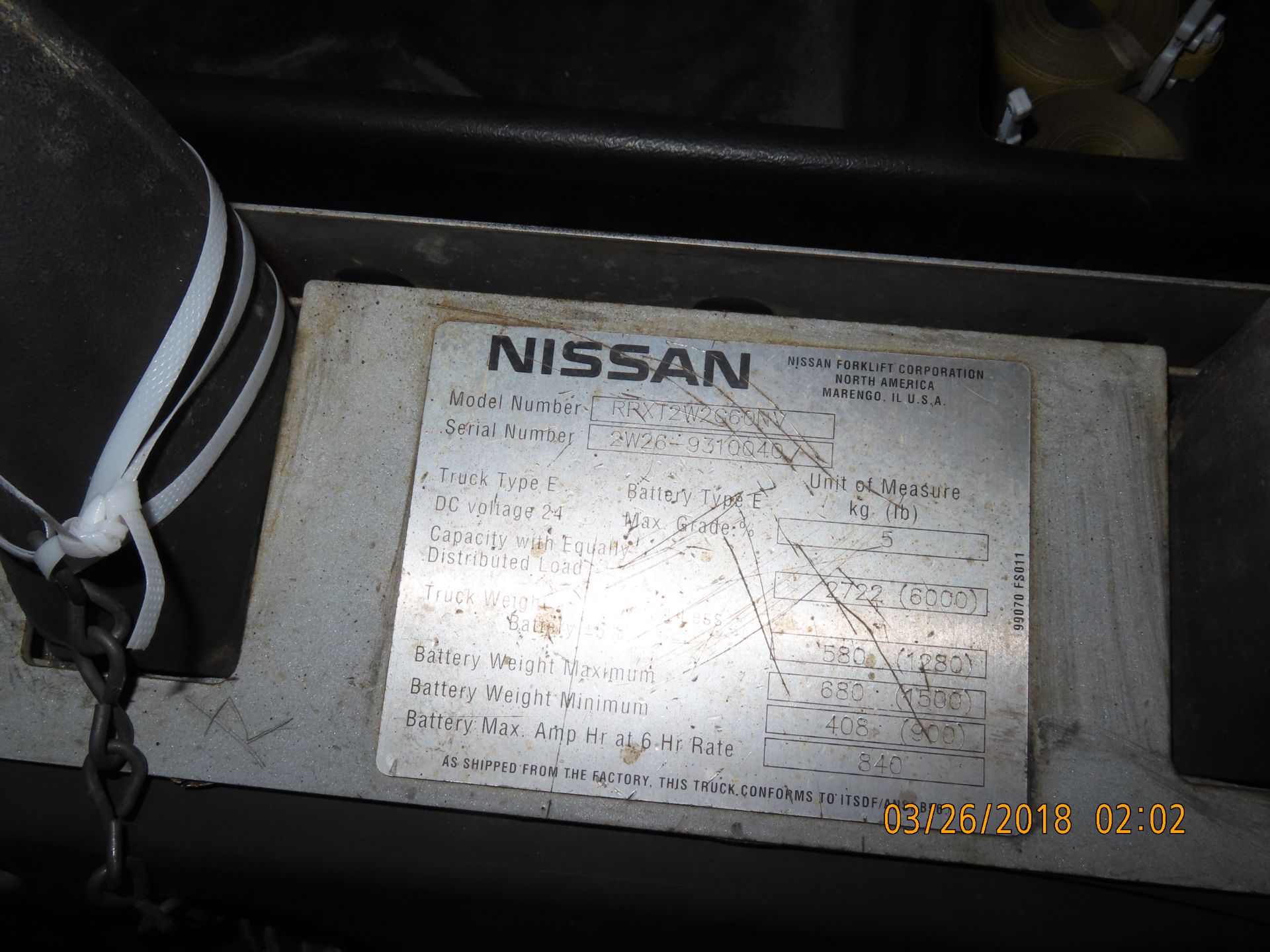 Nissan Electric 6,000lb. Pallet Jack 24 Volt mod. RPXTZW2G60NV; S/N 2W26-9310040 (No Charger) - Image 3 of 3