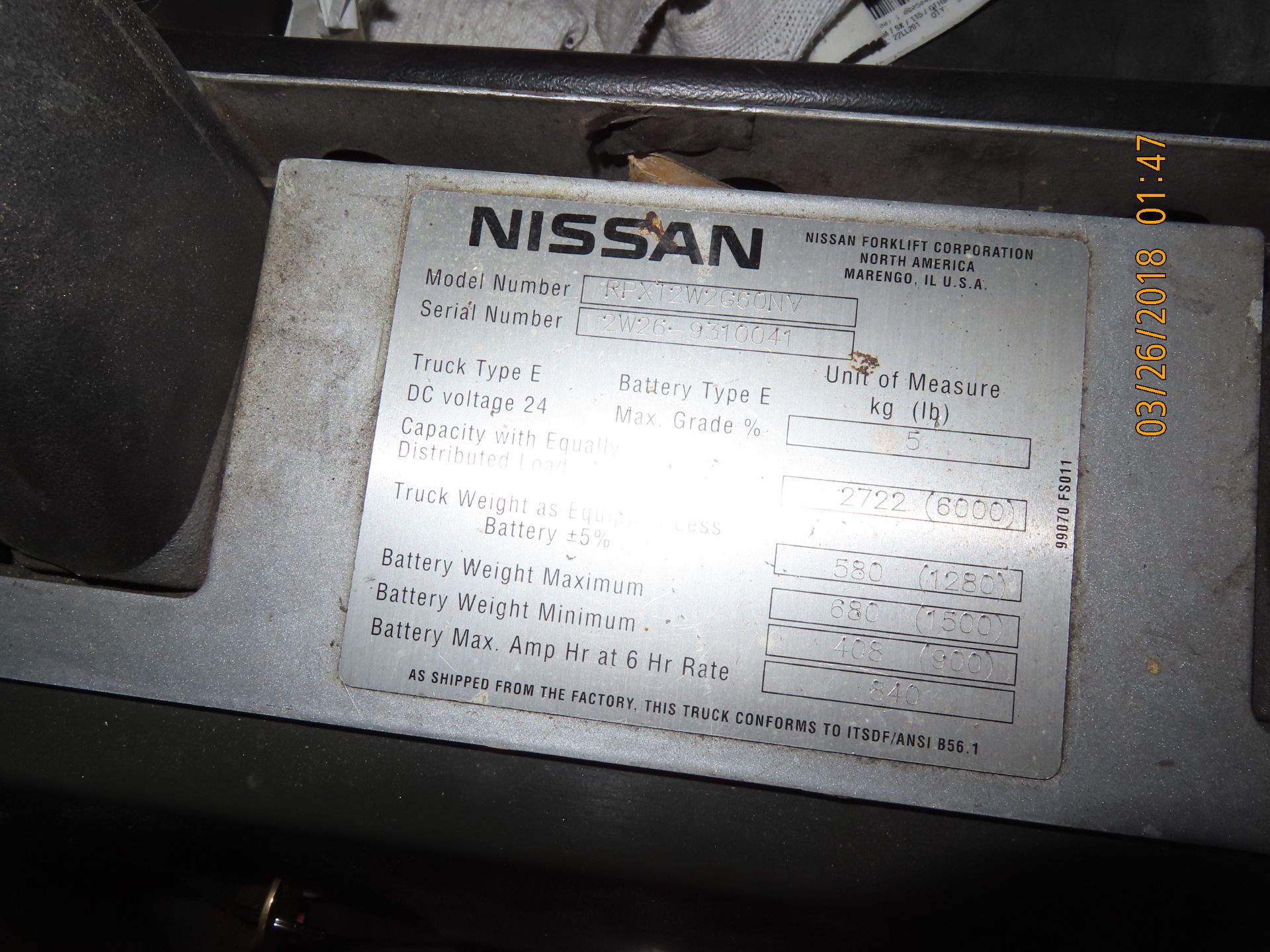Nissan Electric 6,000lb. Pallet Jack 24 Volt mod. RPXTZW2G60NV; S/N 2W26-9310041 (No Charger) - Image 3 of 3