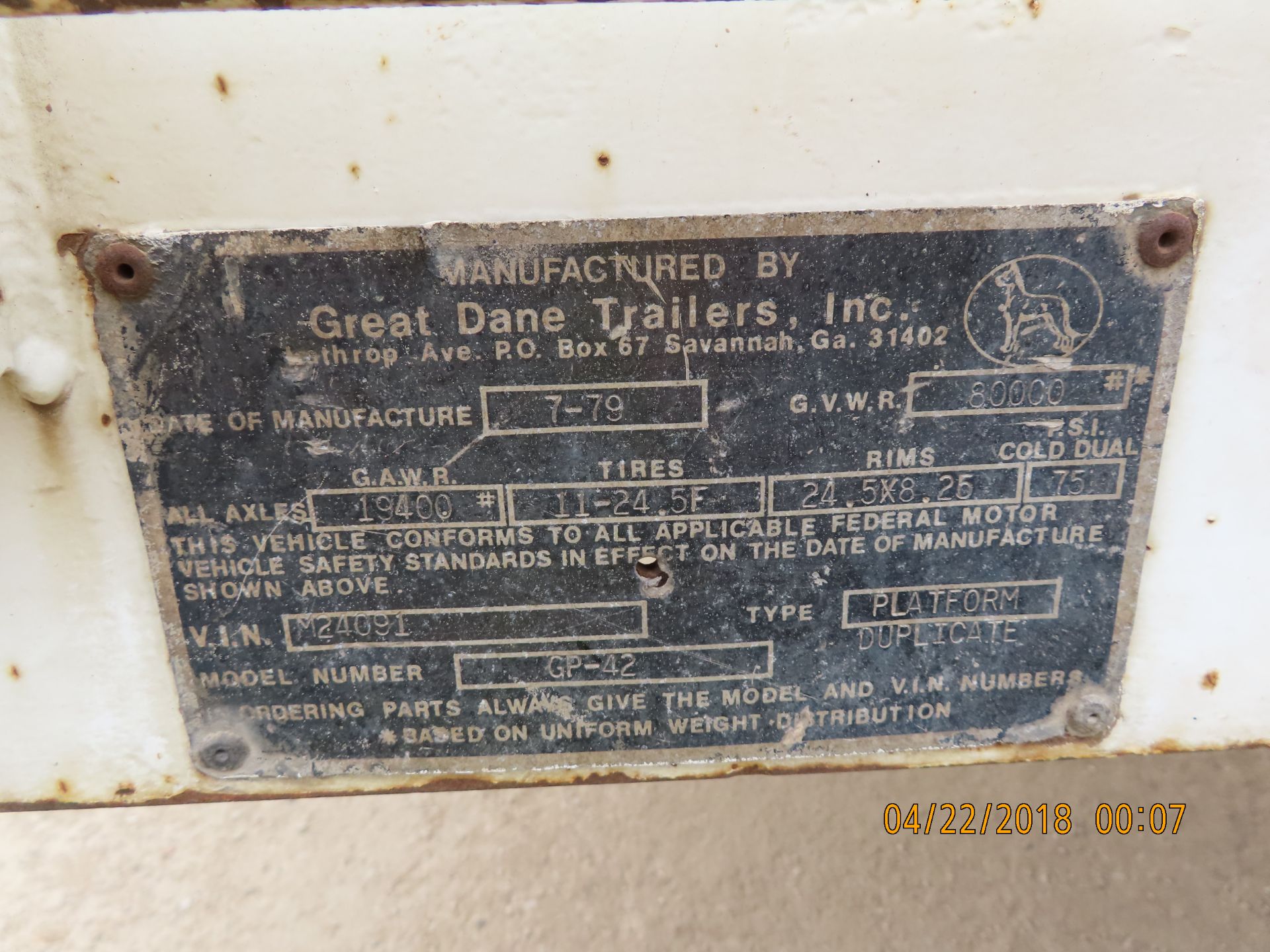 (1979) Great Dane 40'L x 92''W Flatbed Trailer 2-Axle w/ Forklift Mounts; Lic #1WV4605; VIN: M24091 - Image 4 of 4