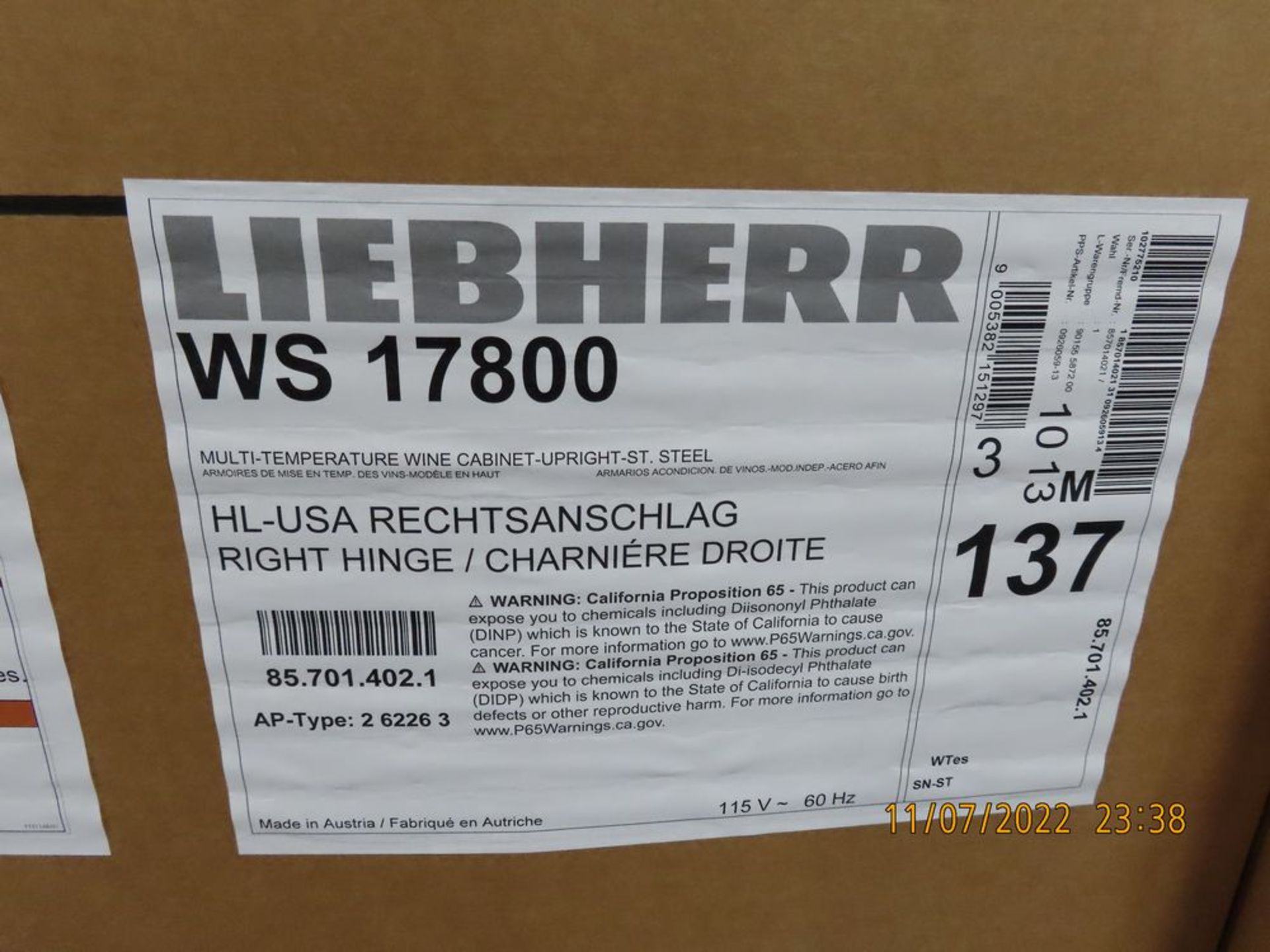 Liebherr mod. WS17800, 27'' Freestanding Triple Zone Wine Refrigerator, 178-Bottle Cap. - Image 3 of 4