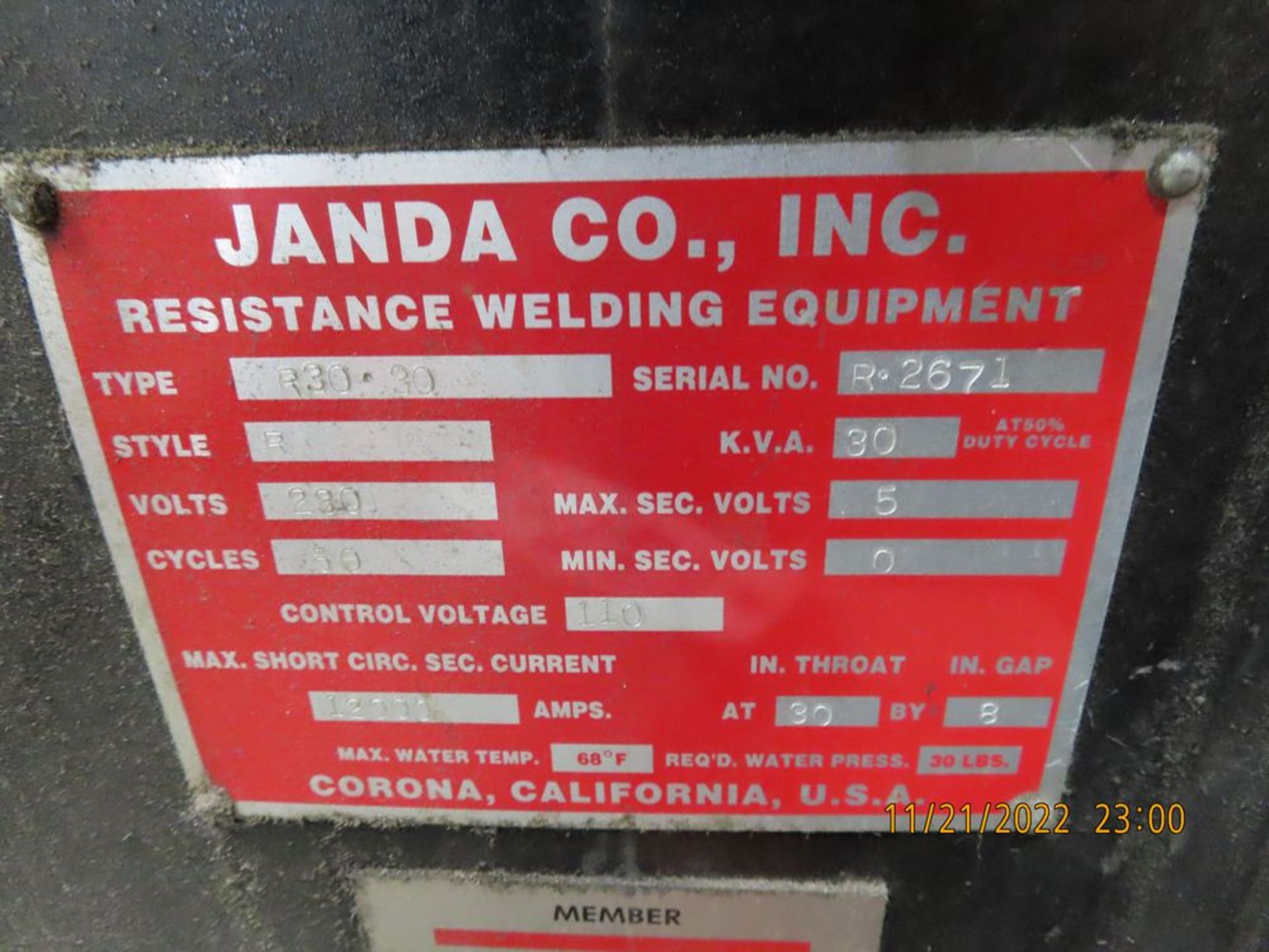 Janda Type R30-30, Spot Welder, 30 KVA S/N R-267L - Image 3 of 3