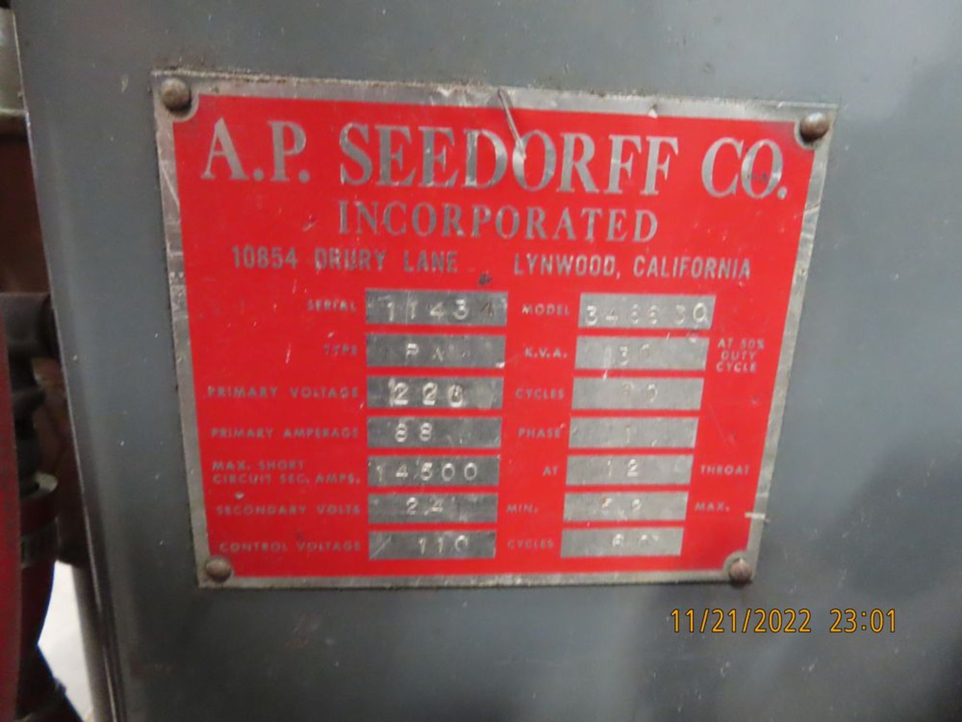 Seedorff mod. 3466.30 Spot Welder, 30 KVA S/N 11434 - Image 2 of 2