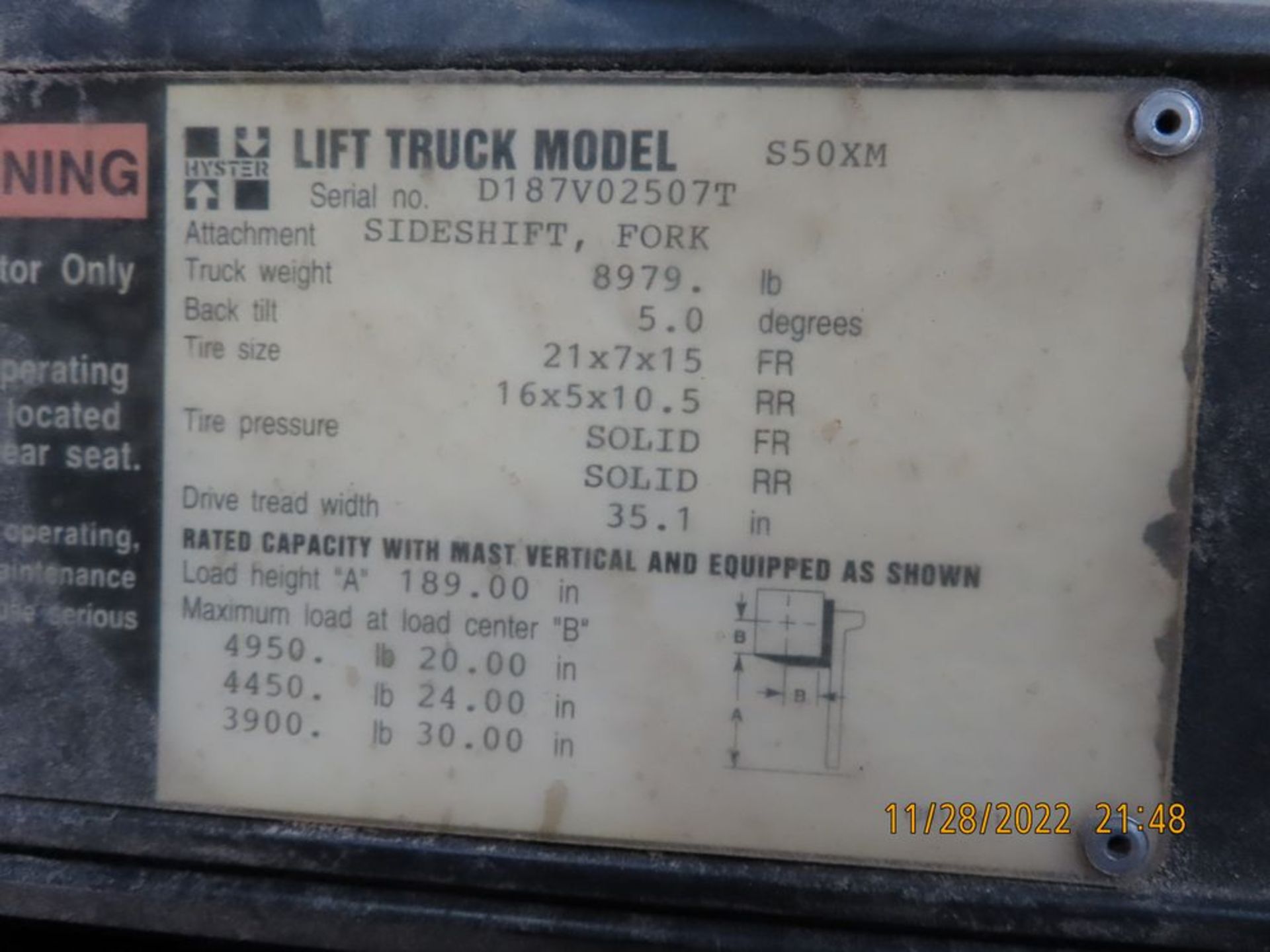 Hyster mod. S50XM, 5,000lb. LPG Forklift w/ 3-Stage Mast, 48'' Forks, Side Shift & Hard Tires. - Image 4 of 4