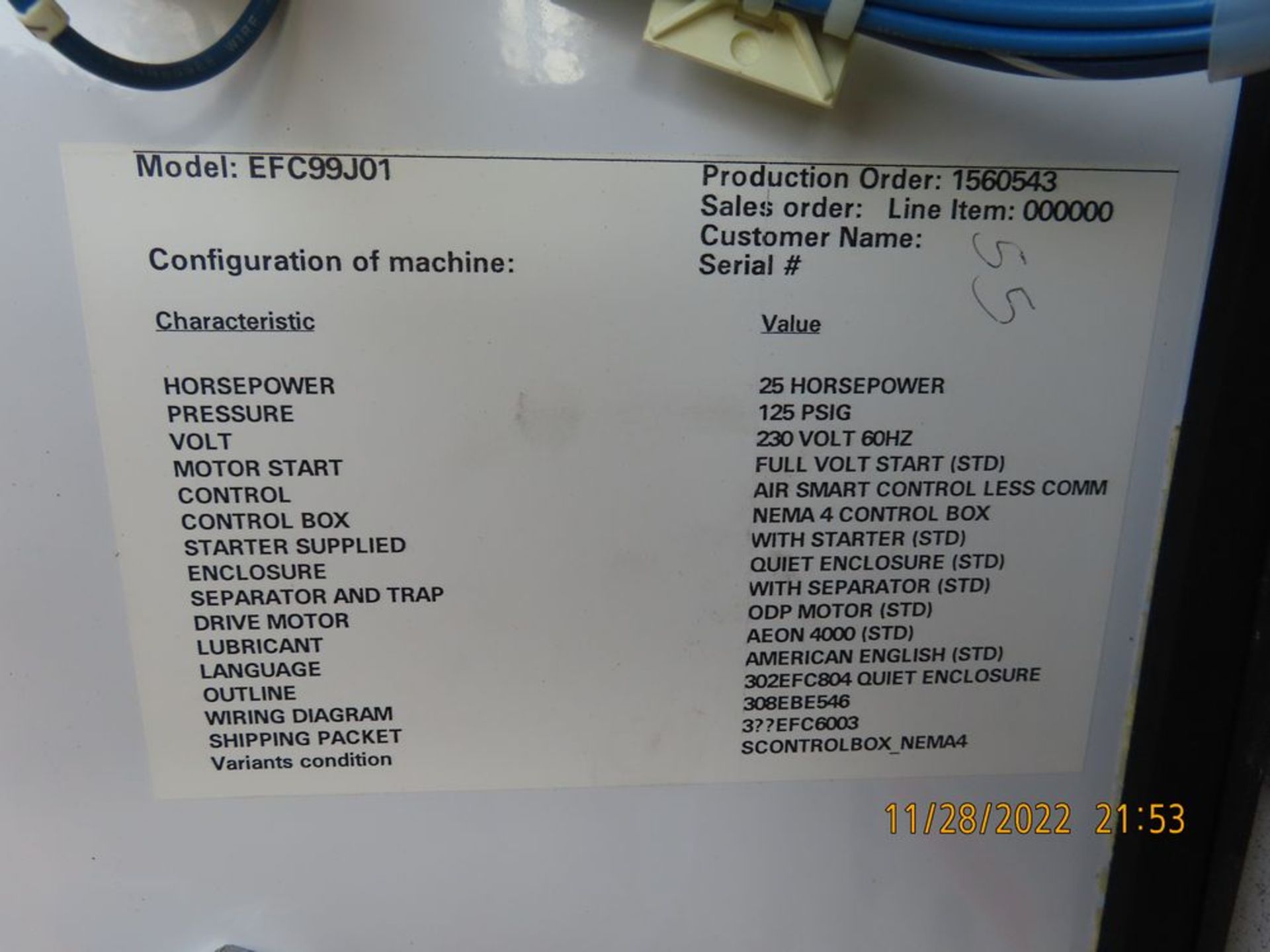 Garner Denver mod. EFC99J01, 25hp Rotary Screw Air Compressor. Hours: 34,017 (LOCATION: 11170 - Image 3 of 5