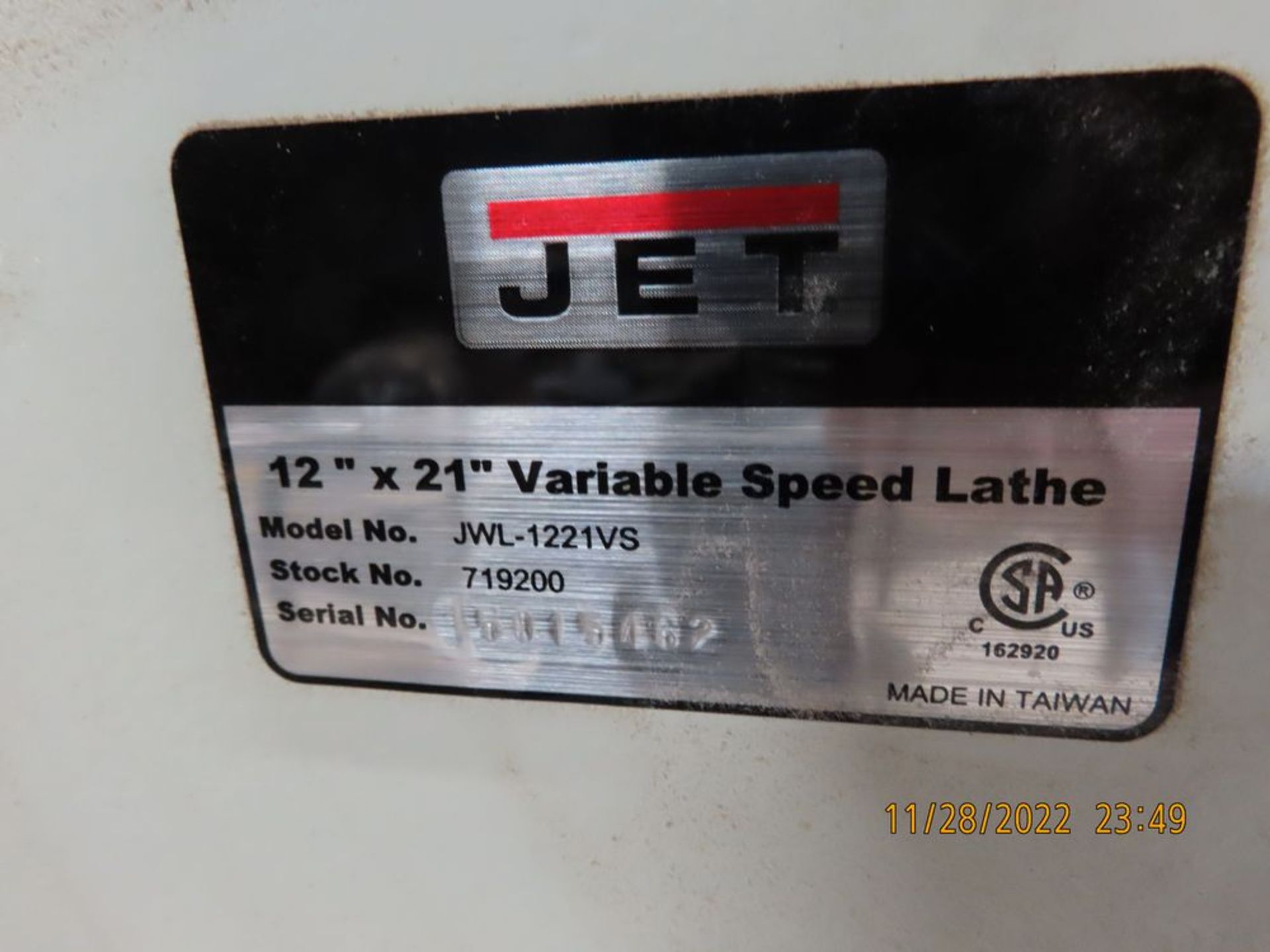 Jet mod. JWL-122IVS, 12''x21'' Var. Speed Lathe; S/N 15016461 (LOCATION: 2304 S. Baker Ave, Ontario, - Image 2 of 2