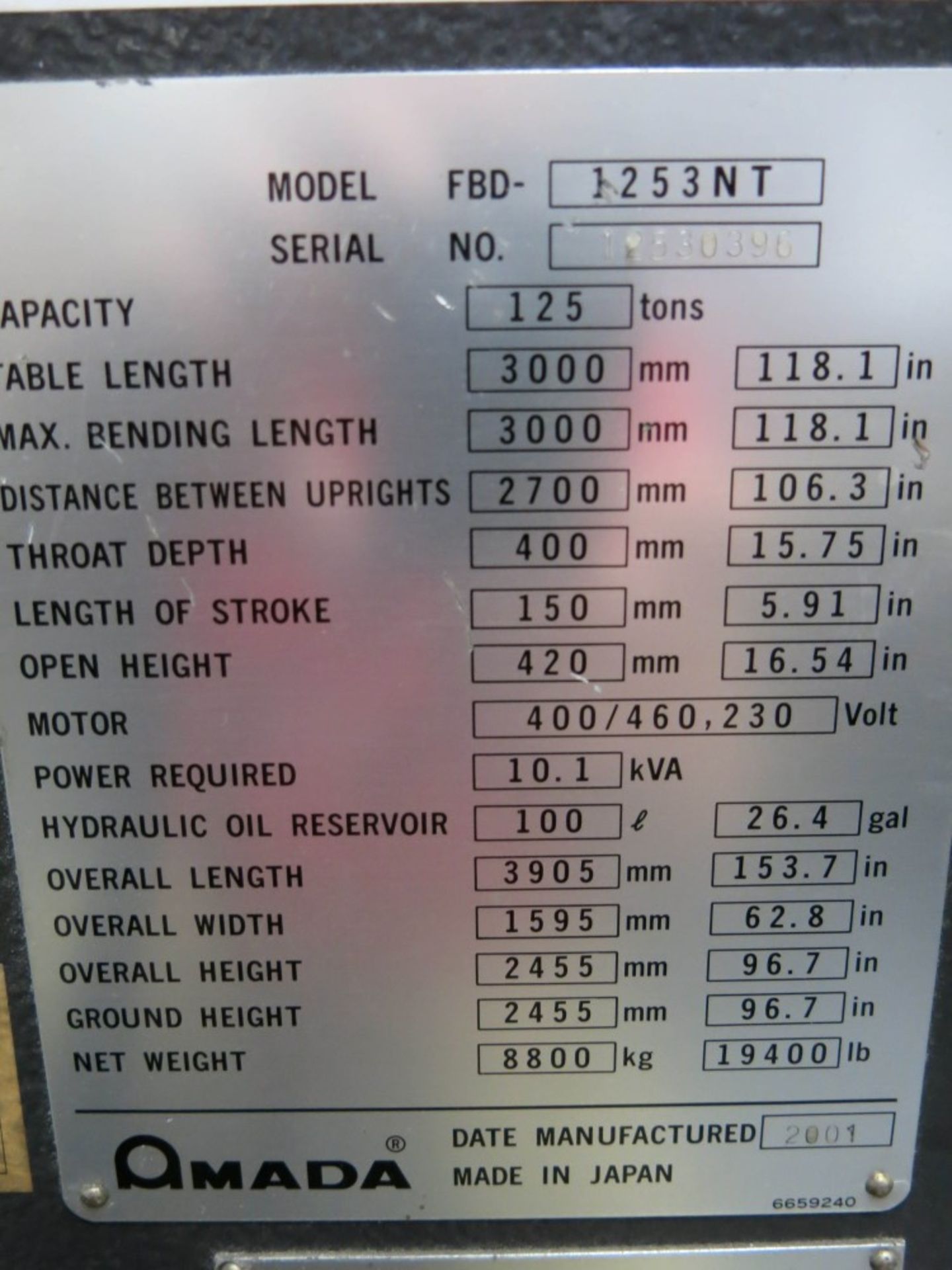 2001 Amada 125 Ton Press Brake Model #1253NT - Image 7 of 7